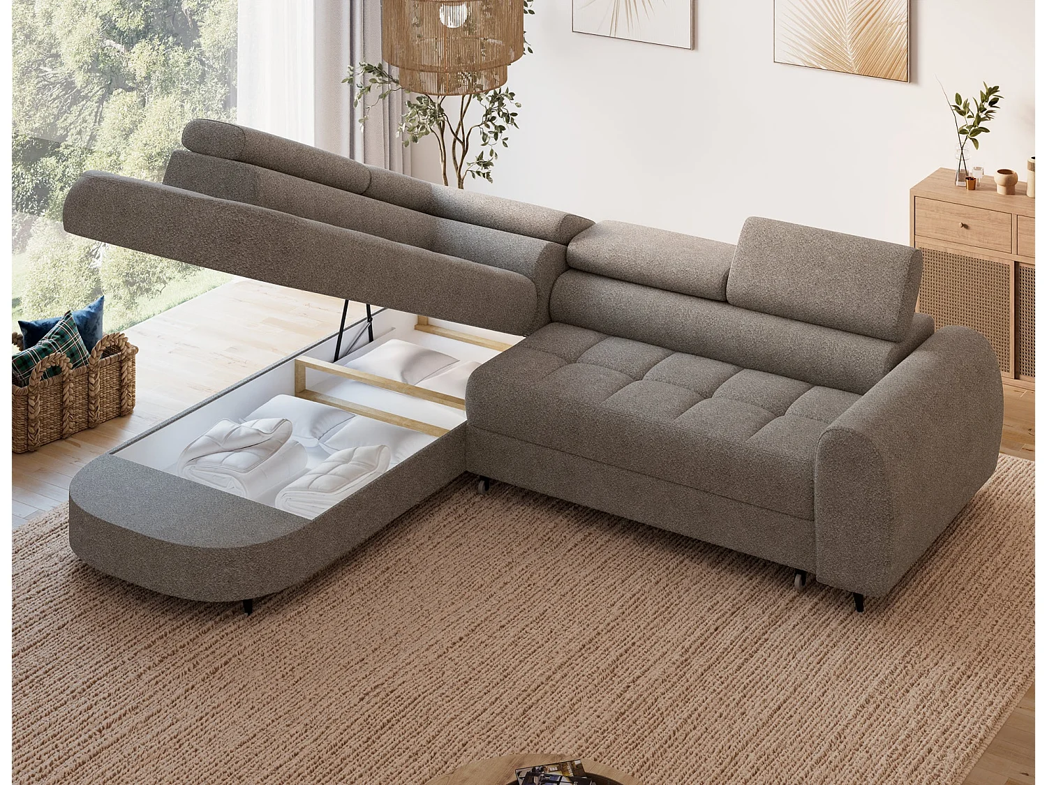 Ecksofa Vesteria mit Schlaffunktion und Bettkasten – Modernes Design, verstellbare Kopfstützen und hoher Sitzkomfort