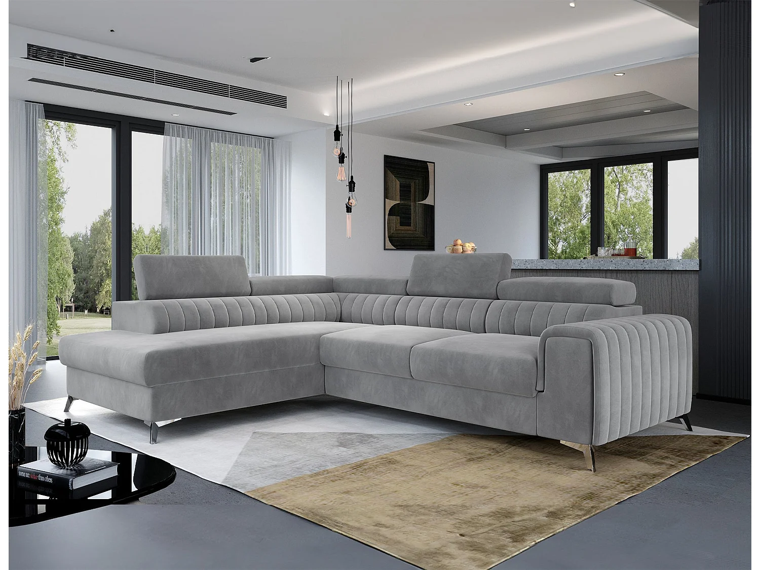 Moderno Divano Letto a L Laurence con Poggiatesta Regolabili e Contenitore - 278 x 205 cm