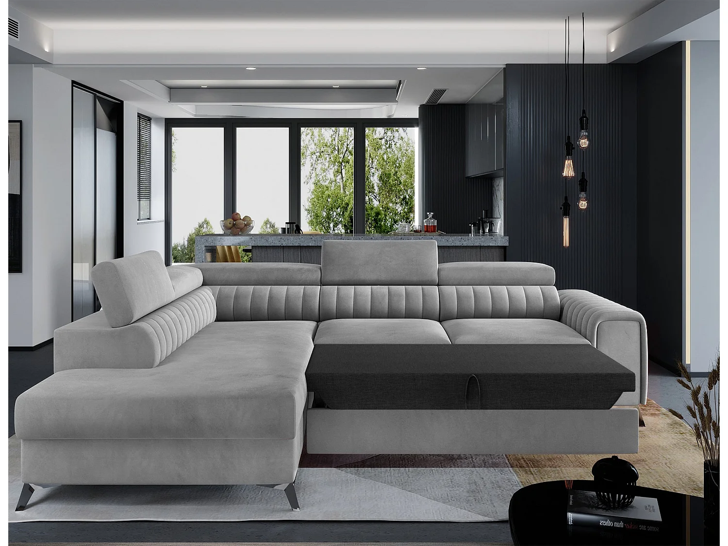 Moderno Divano Letto a L Laurence con Poggiatesta Regolabili e Contenitore - 278 x 205 cm