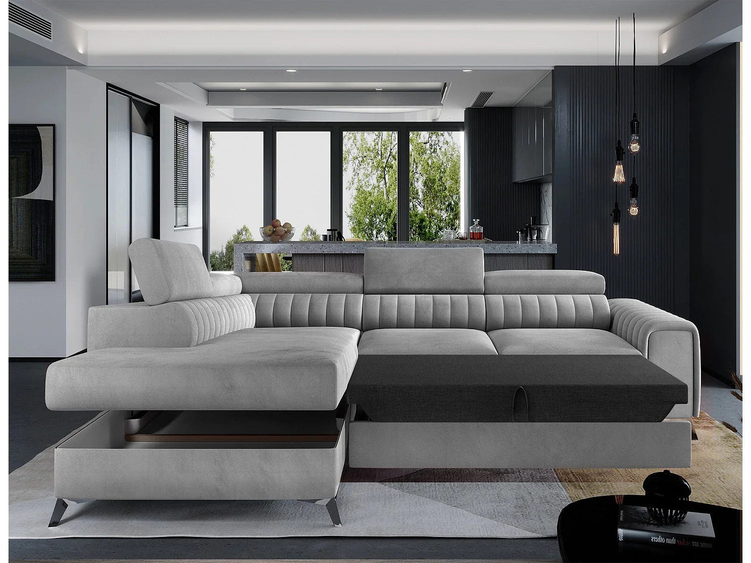 Moderno Divano Letto a L Laurence con Poggiatesta Regolabili e Contenitore - 278 x 205 cm