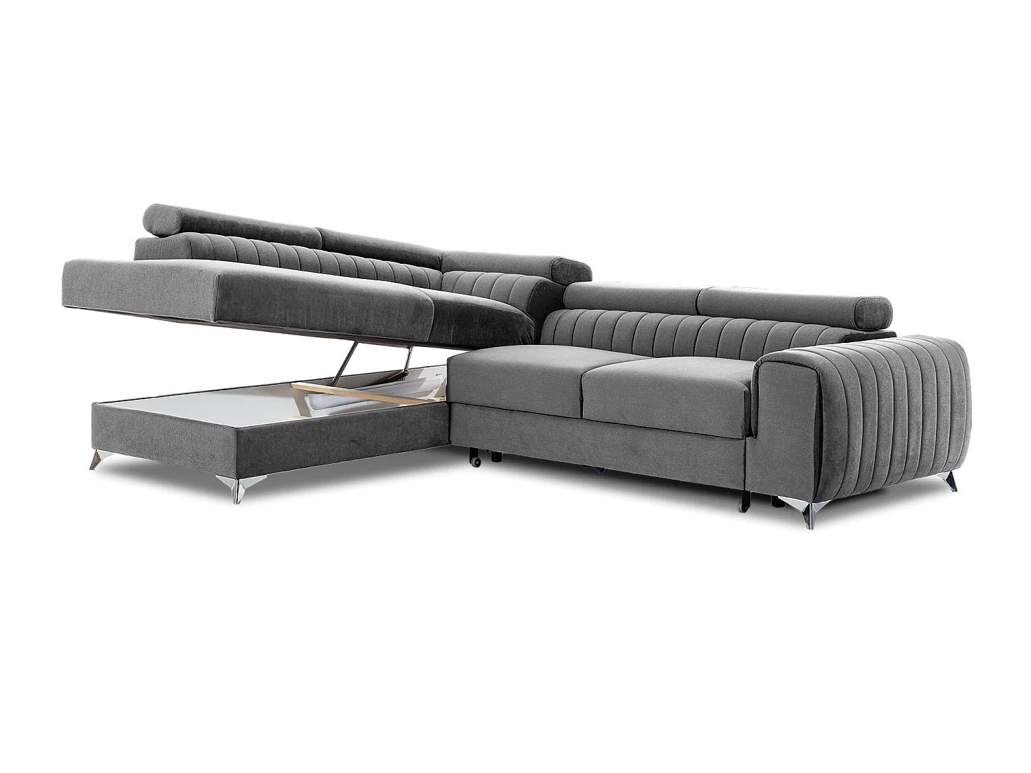 Moderno Divano Letto a L Laurence con Poggiatesta Regolabili e Contenitore - 278 x 205 cm