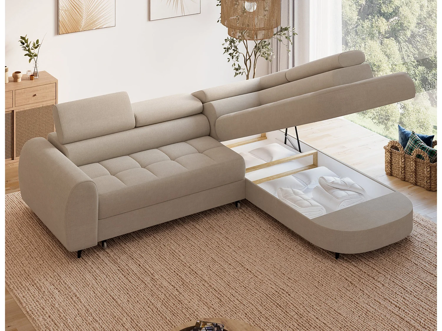 Ecksofa Vesteria mit Schlaffunktion und Bettkasten – Modernes Design, verstellbare Kopfstützen und hoher Sitzkomfort