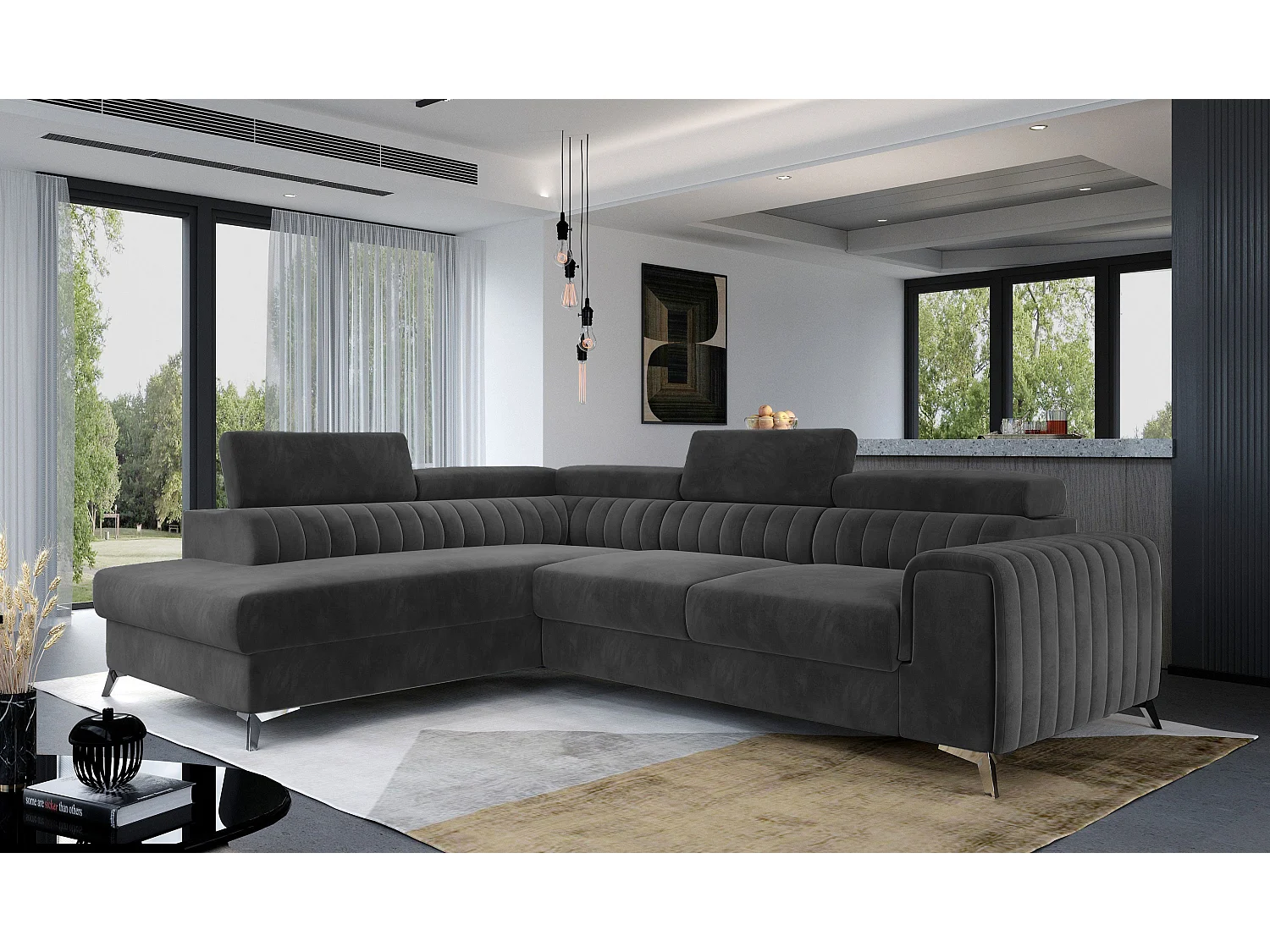 Divano letto moderno a L Laurence con poggiatesta regolabili e contenitore - 278 x 205 cm, Grigio antracite