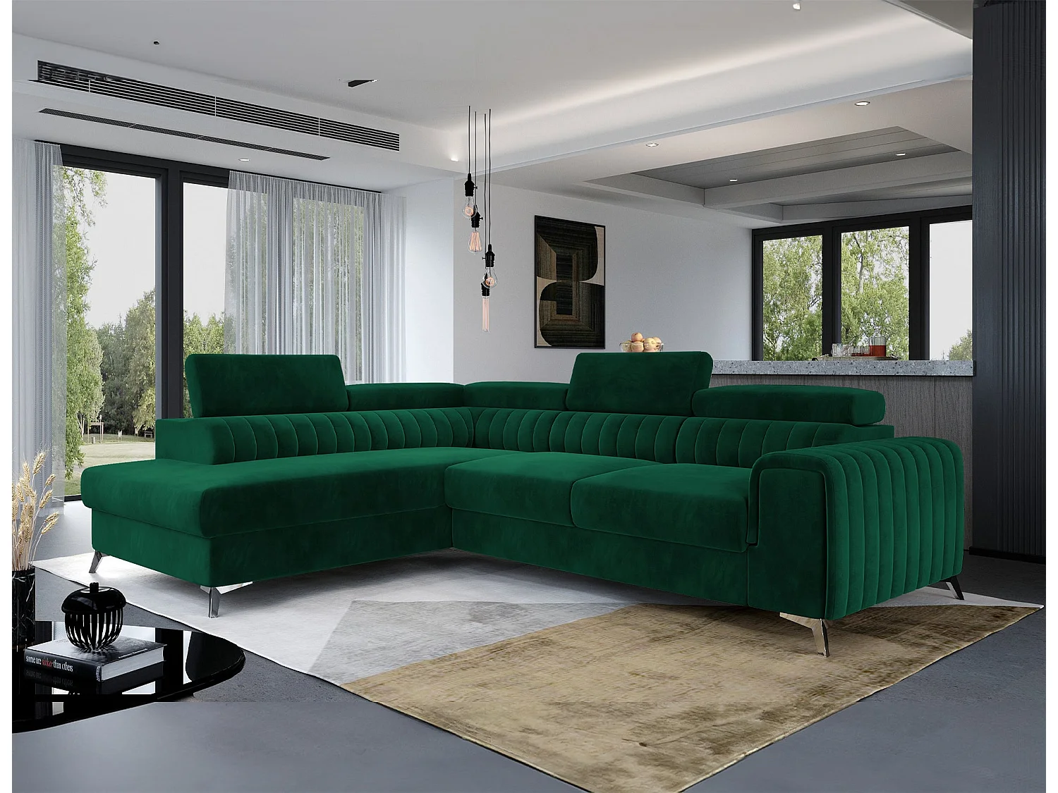 Moderno Divano a Forma di L Laurence con Funzione Letto e Contenitore - 278 x 205 cm, Poggiatesta Regolabili