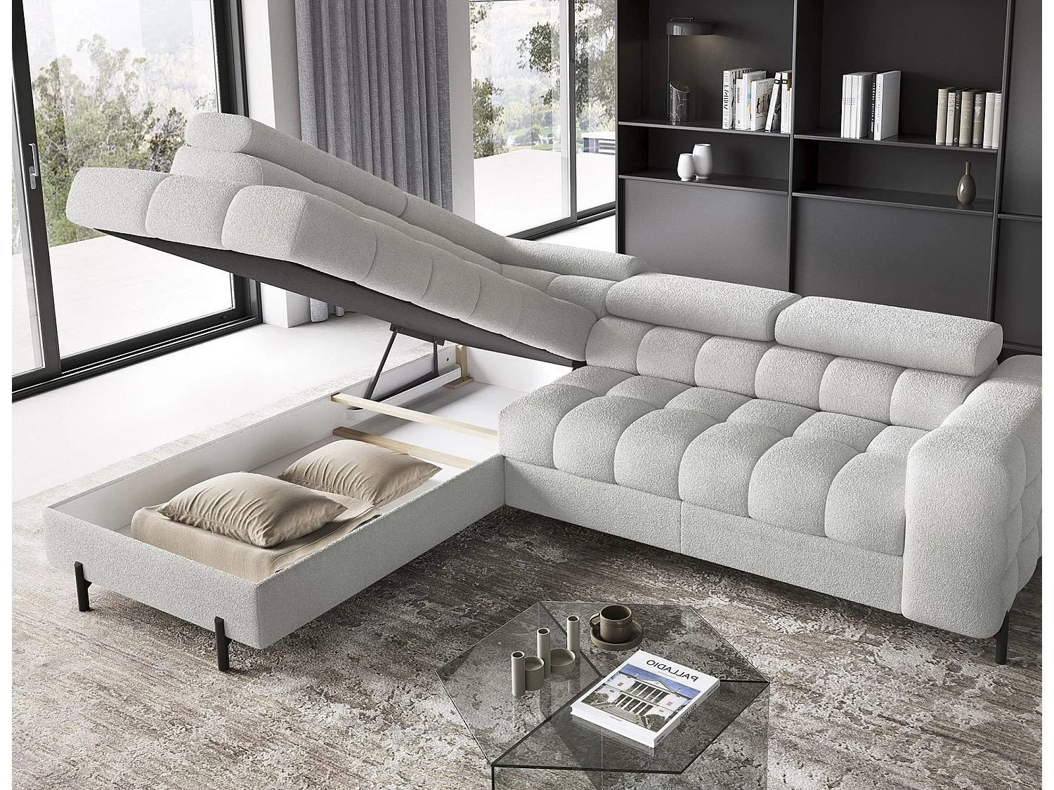 Wohnlandschaft FERUCCE Ecksofa L-Form – Polsterecke mit Schlaffunktion, Bettkasten & verstellbaren Kopfstützen 276 cm