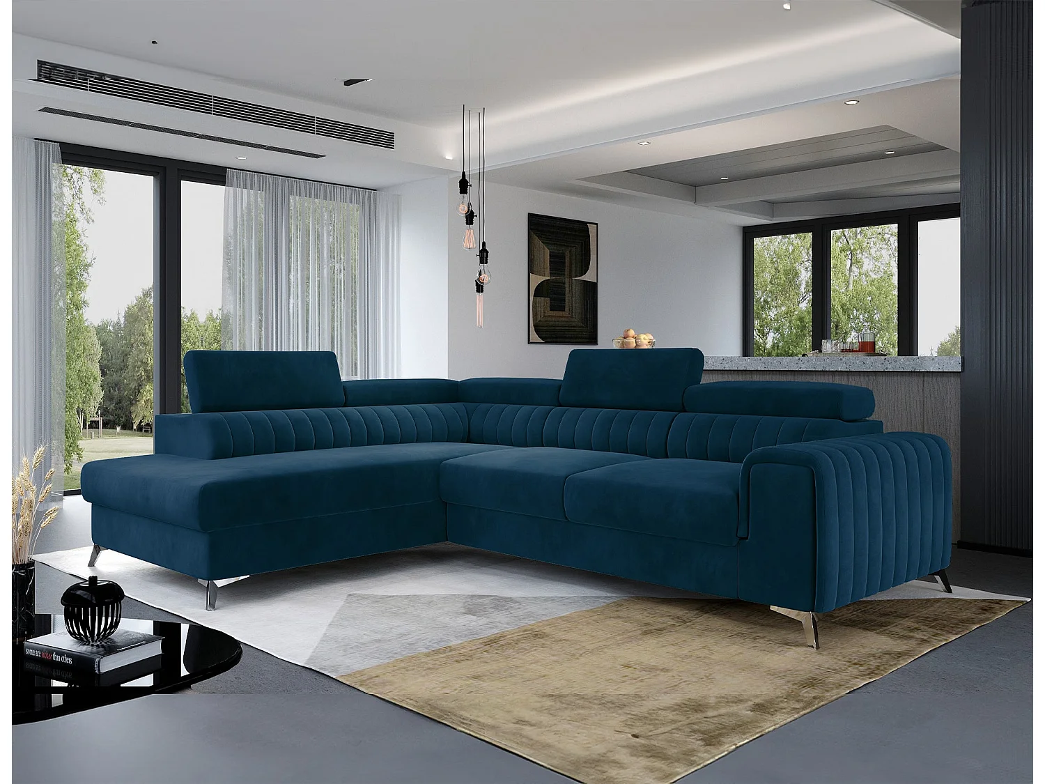 Canapé-Lit Moderne en Forme de L Bleu avec Appuie-Têtes Réglables et Rangement - 278 x 205 cm