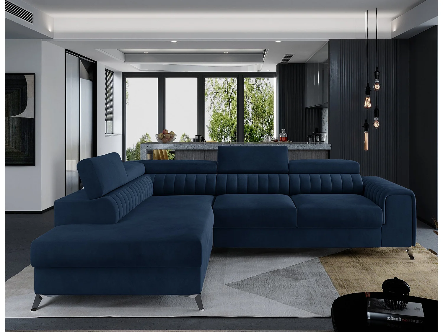 Canapé-Lit Moderne en Forme de L Bleu avec Appuie-Têtes Réglables et Rangement - 278 x 205 cm