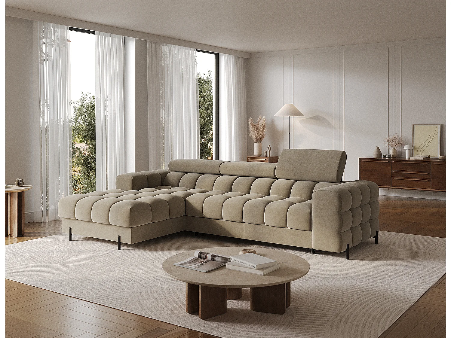 Moderne L-Vormige Premium Slaapbank FELRO met Verstelbare Hoofdsteunen & Opbergruimte - Beige Stof, Linkerhoek