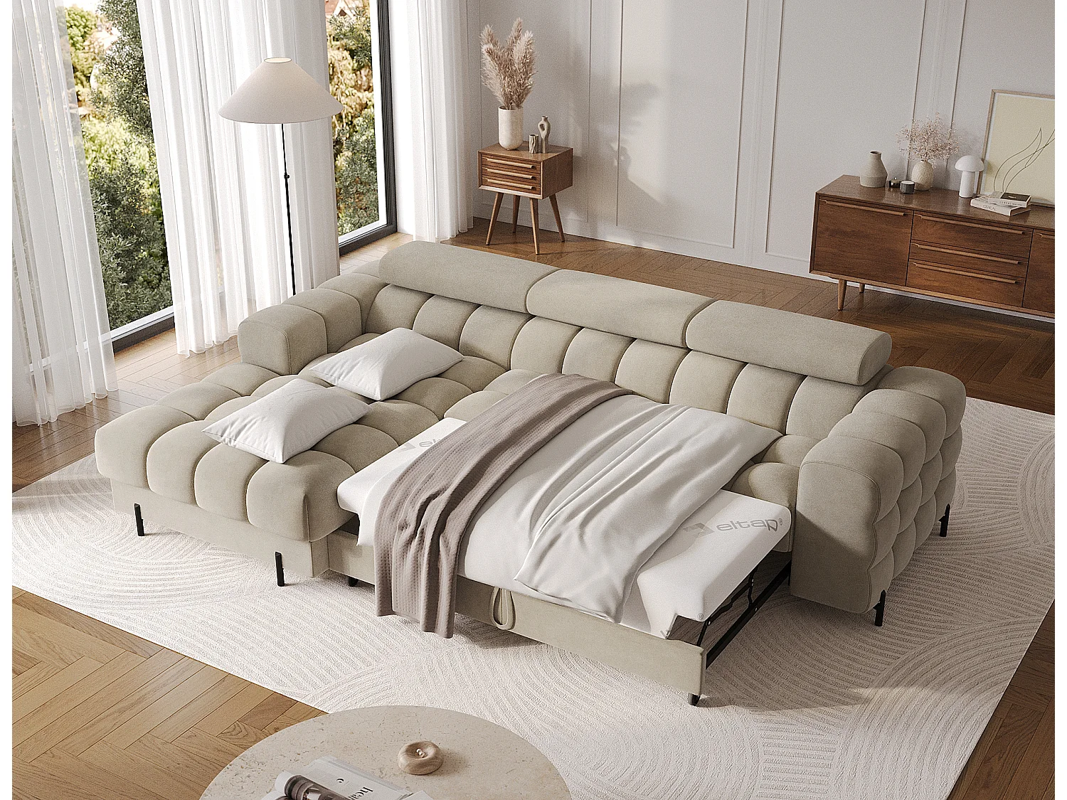 Moderne L-Vormige Premium Slaapbank FELRO met Verstelbare Hoofdsteunen & Opbergruimte - Beige Stof, Linkerhoek