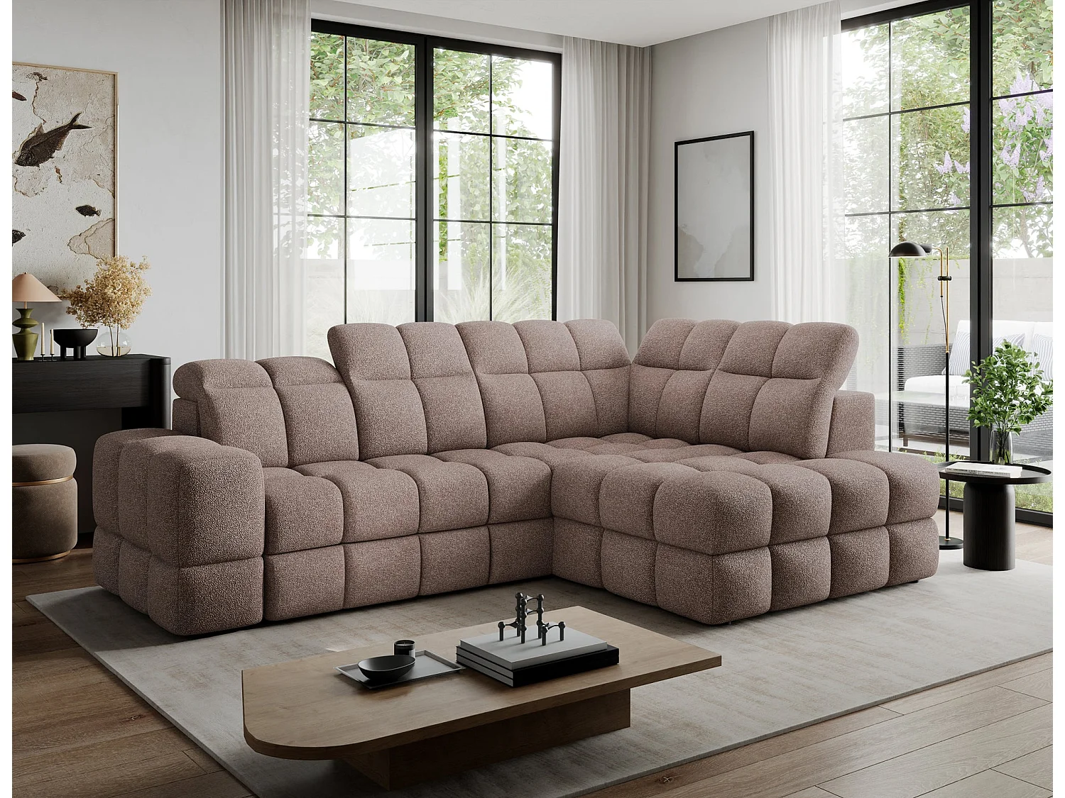 Ecksofa Bronon mit Schlaffunktion und Bettkasten – Modernes Design, verstellbare Kopfstützen und verschiebbare Rückenlehnen