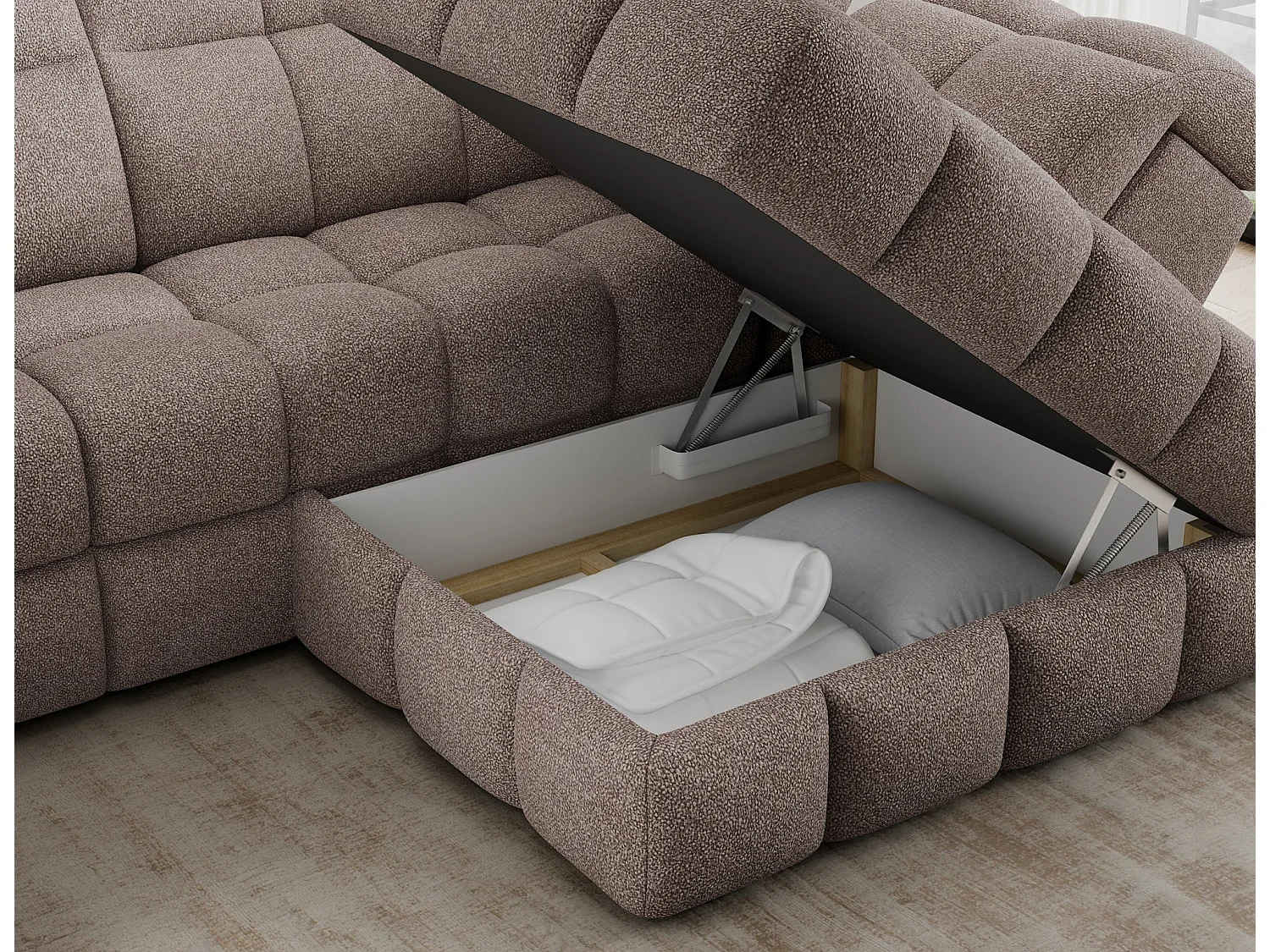 Ecksofa Bronon mit Schlaffunktion und Bettkasten – Modernes Design, verstellbare Kopfstützen und verschiebbare Rückenlehnen