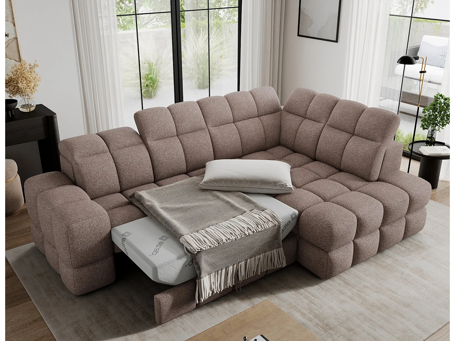 Ecksofa Bronon mit Schlaffunktion und Bettkasten – Modernes Design, verstellbare Kopfstützen und verschiebbare Rückenlehnen