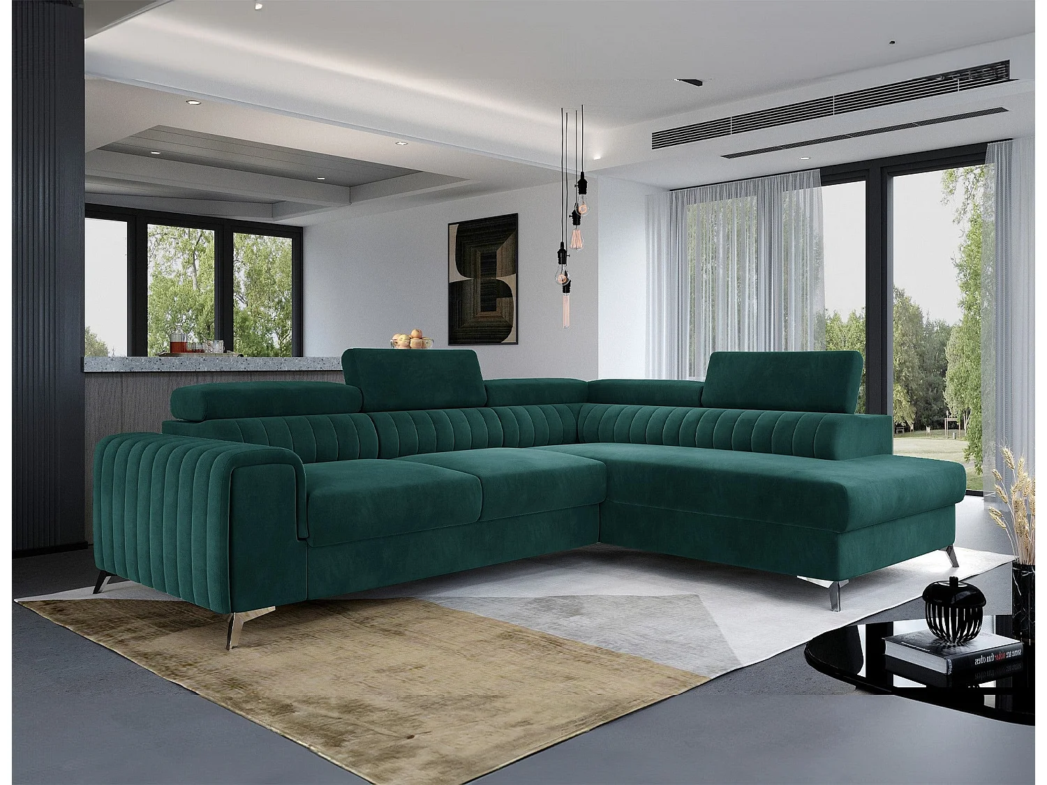 Moderno Divano Letto ad Angolo Verde con Poggiatesta Regolabili e Contenitore - 278 x 205 cm