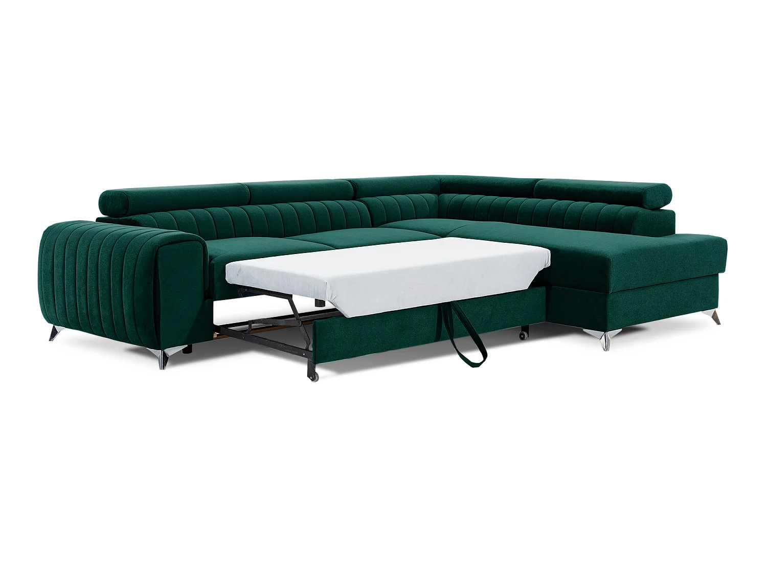 Moderno Divano Letto ad Angolo Verde con Poggiatesta Regolabili e Contenitore - 278 x 205 cm