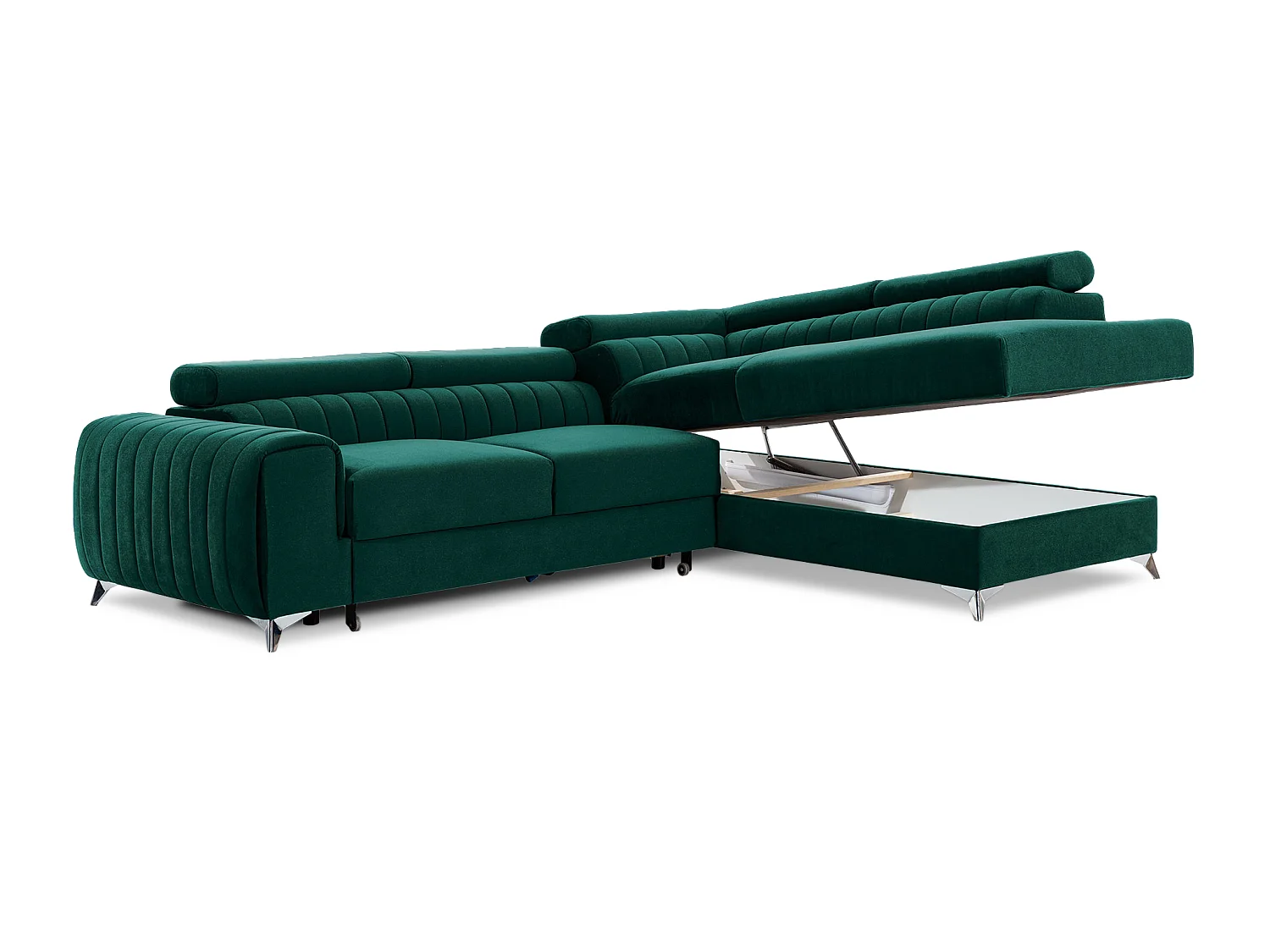 Moderno Divano Letto ad Angolo Verde con Poggiatesta Regolabili e Contenitore - 278 x 205 cm