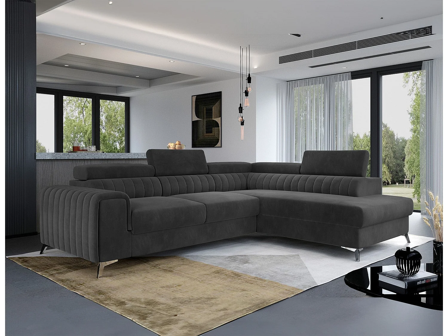 Divano letto moderno a L Laurence con contenitore e poggiatesta regolabili 278 x 205 cm