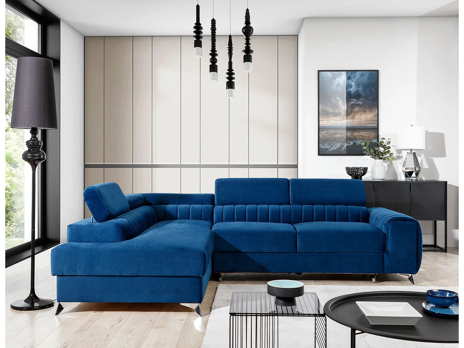 Canapé-Lit Moderne en Forme de L Bleu avec Appuie-Têtes Réglables & Rangement - Laurence 278 x 205 cm