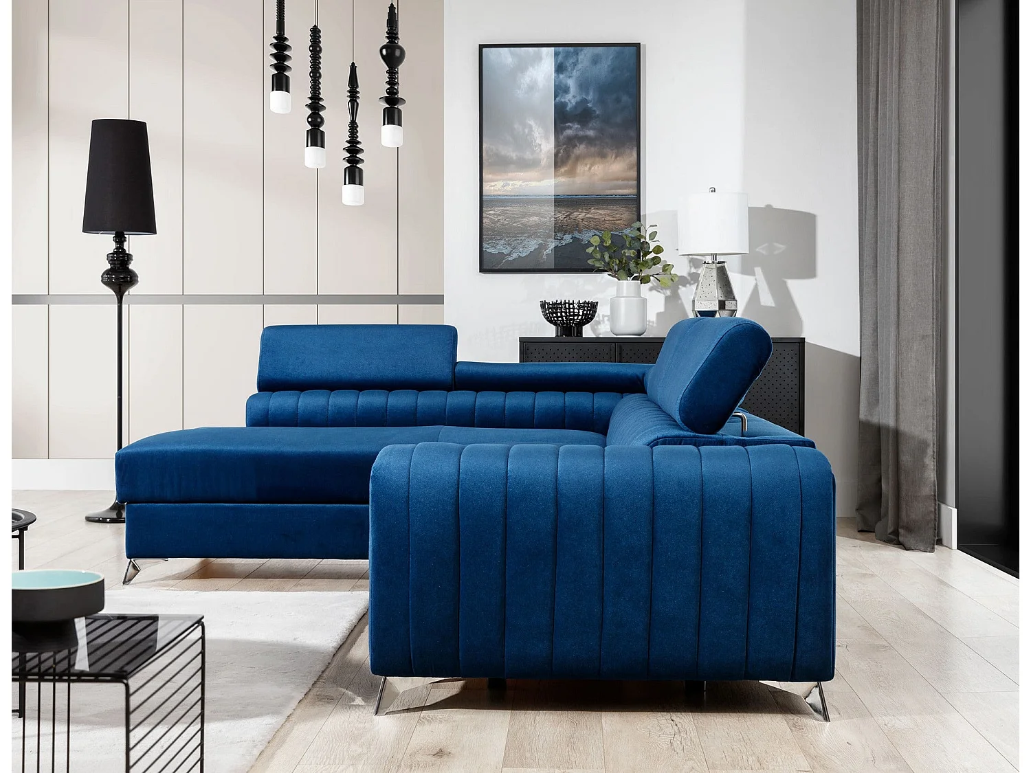 Canapé-Lit Moderne en Forme de L Bleu avec Appuie-Têtes Réglables & Rangement - Laurence 278 x 205 cm