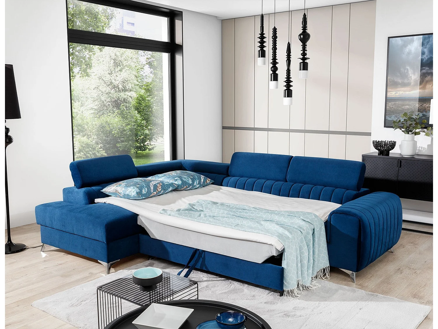 Canapé-Lit Moderne en Forme de L Bleu avec Appuie-Têtes Réglables & Rangement - Laurence 278 x 205 cm