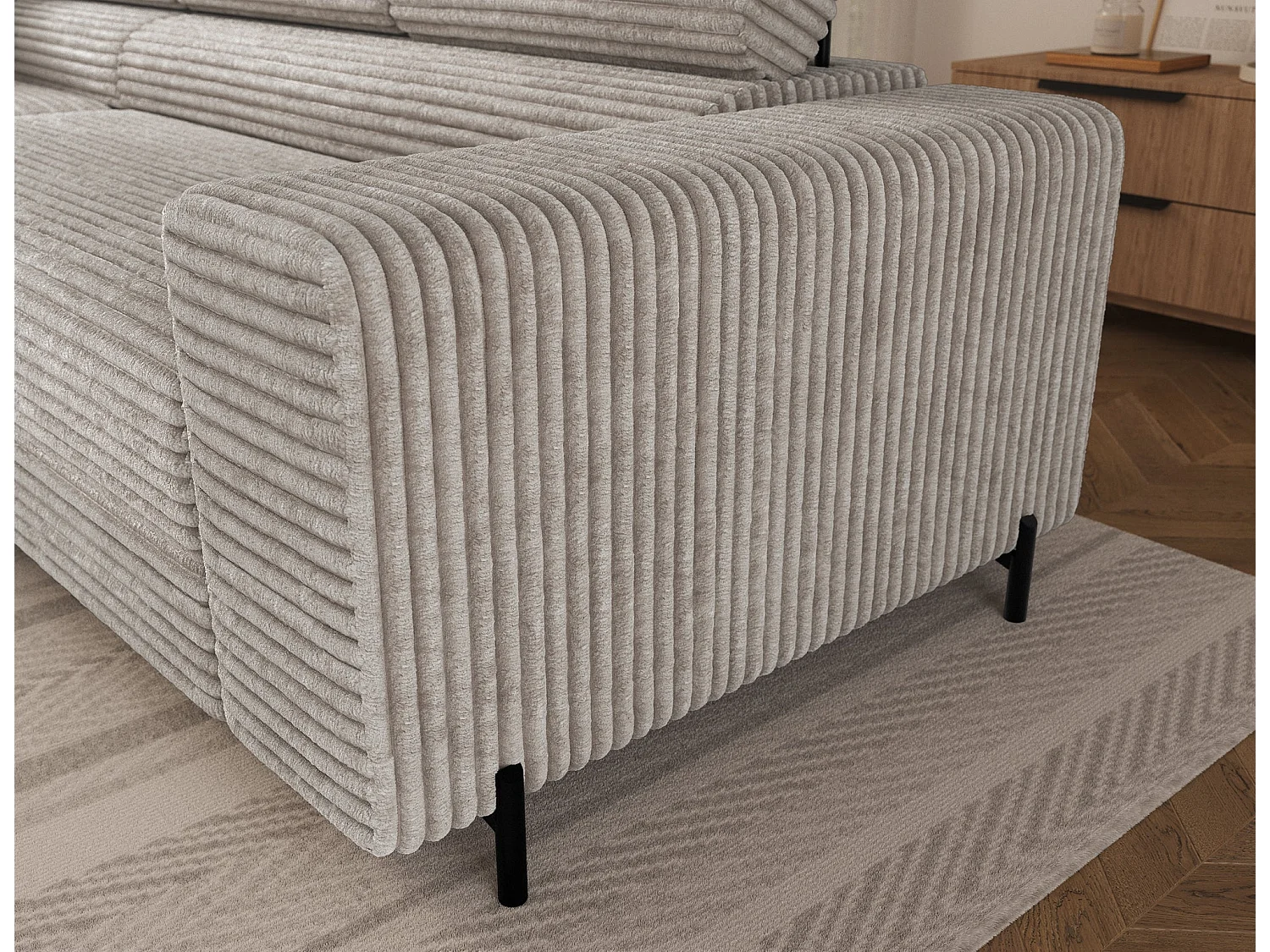 Canapé-Lit Moderne en Forme de L COLESIO avec Appuie-Têtes Réglables, Rangement, Tissu en Cordon, Ressorts Well, Pieds en Métal Noir