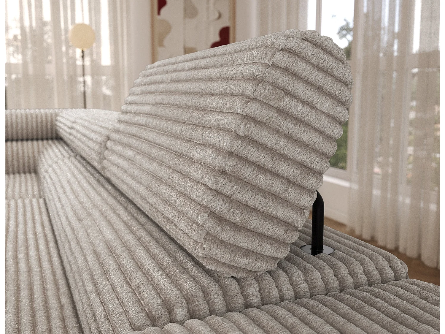 Canapé-Lit Moderne en Forme de L COLESIO avec Appuie-Têtes Réglables, Rangement, Tissu en Cordon, Ressorts Well, Pieds en Métal Noir