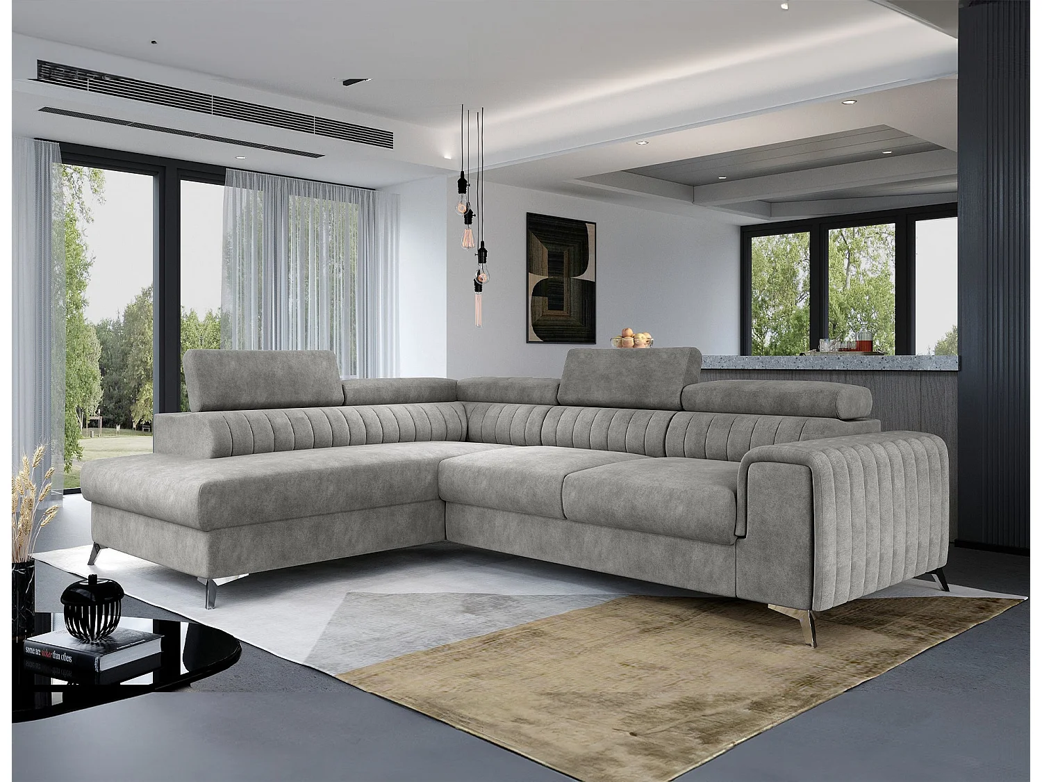 Divano letto moderno a L Laurence con poggiatesta regolabili e vano portaoggetti - 278 x 205 cm