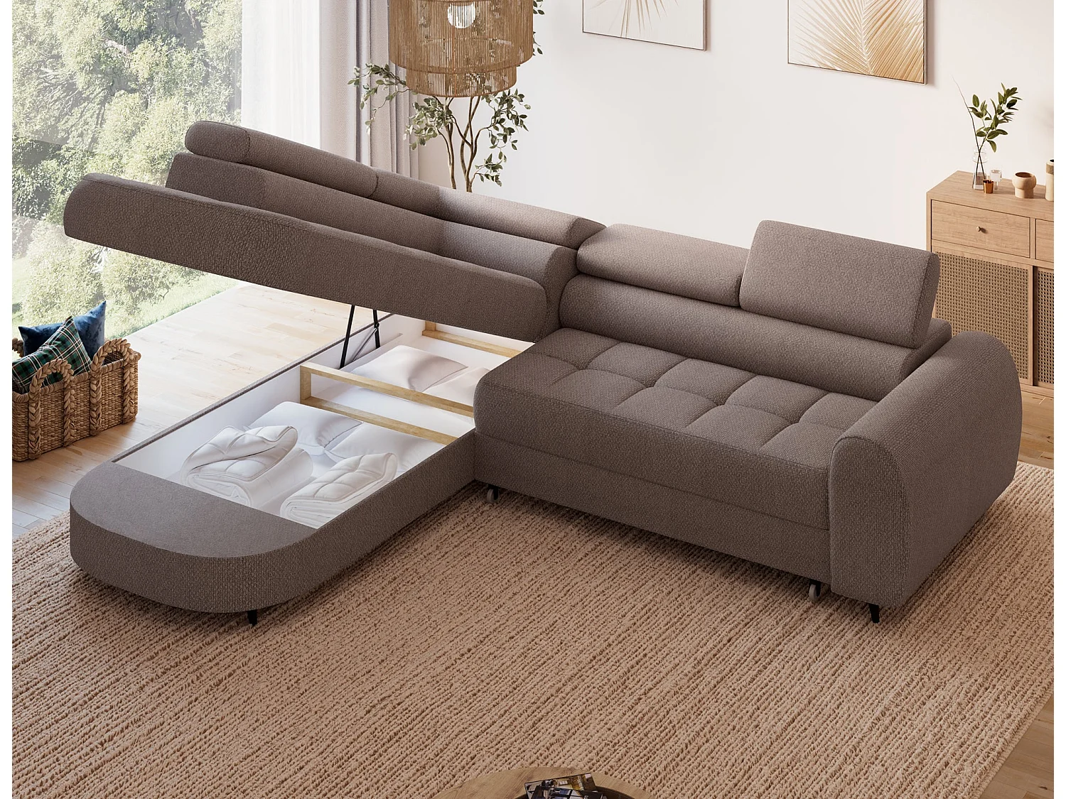 Ecksofa Vesteria mit Schlaffunktion und Bettkasten – Modernes Design, verstellbare Kopfstützen und hoher Sitzkomfort