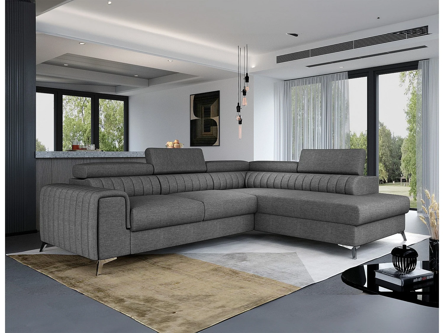 Divano Letto Moderno a L Laurence con Poggiatesta Regolabili e Contenitore - 278 x 205 cm