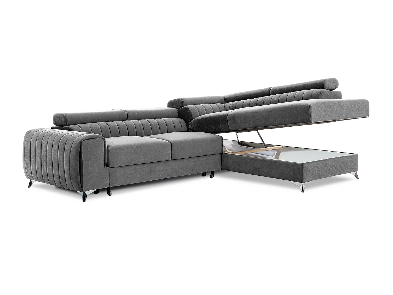 Canapé-lit moderne en forme de L Laurence avec rangement - Appuie-têtes réglables, 278 x 205 cm