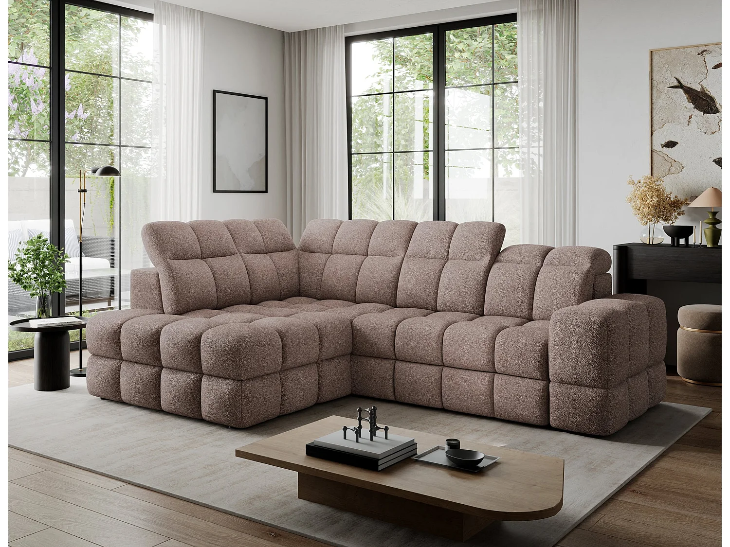 Ecksofa Bronon mit Schlaffunktion und Bettkasten – Modernes Design, verstellbare Kopfstützen und verschiebbare Rückenlehnen
