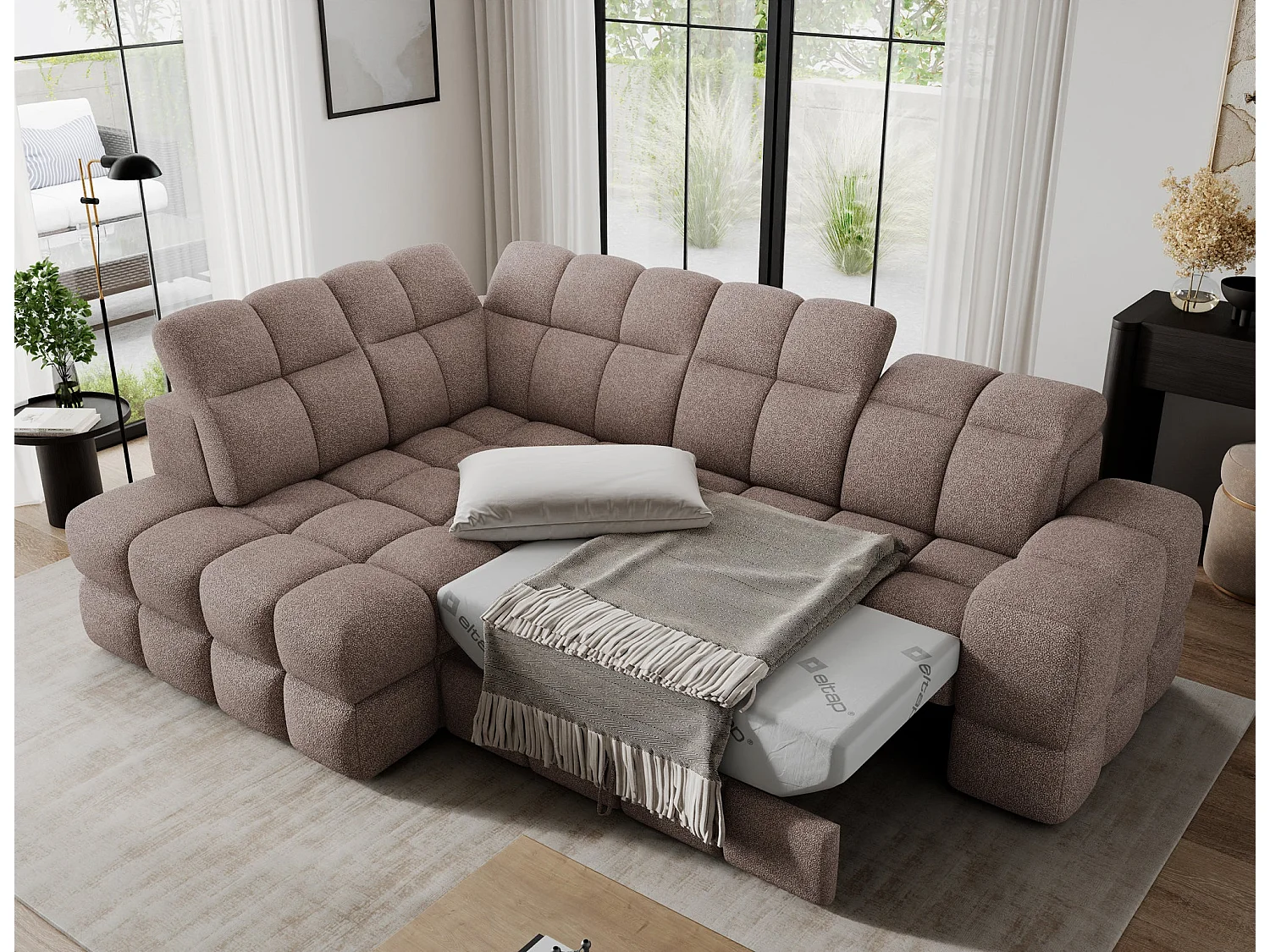 Ecksofa Bronon mit Schlaffunktion und Bettkasten – Modernes Design, verstellbare Kopfstützen und verschiebbare Rückenlehnen