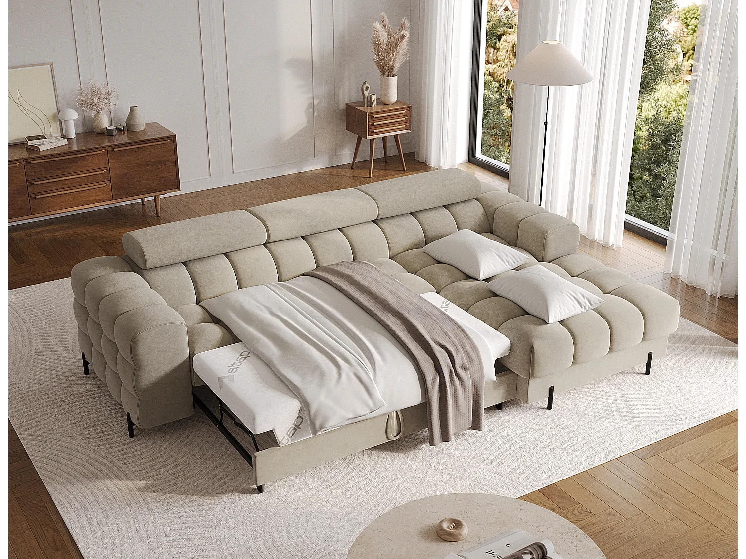 Moderne L-vormige Slaapbank FELRO met Verstelbare Hoofdsteunen, Opbergruimte & Premium Comfort