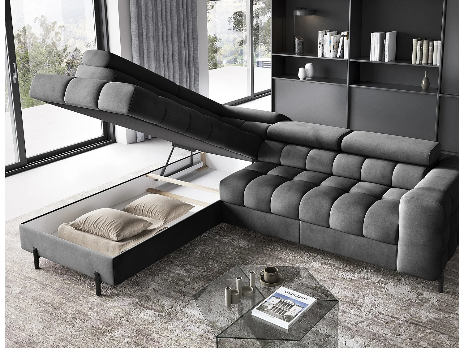 Wohnlandschaft FERUCCE Ecksofa L-Form – Polsterecke mit Schlaffunktion, Bettkasten & verstellbaren Kopfstützen 276 cm