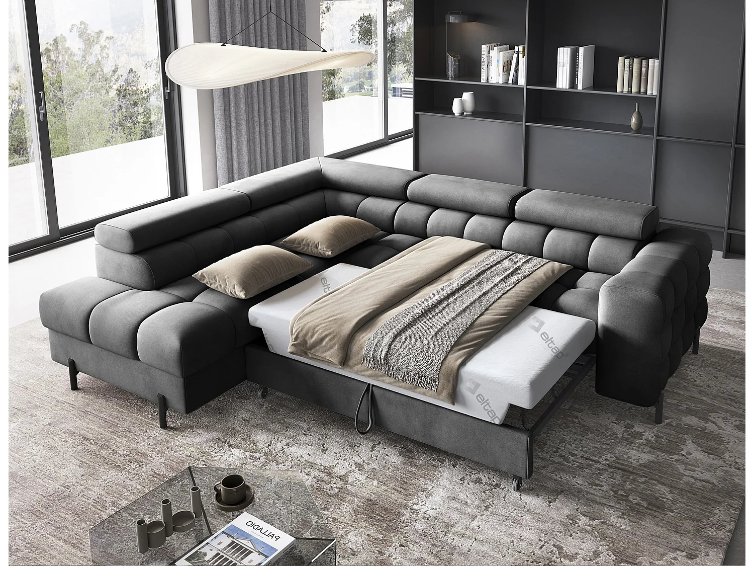 Wohnlandschaft FERUCCE Ecksofa L-Form – Polsterecke mit Schlaffunktion, Bettkasten & verstellbaren Kopfstützen 276 cm