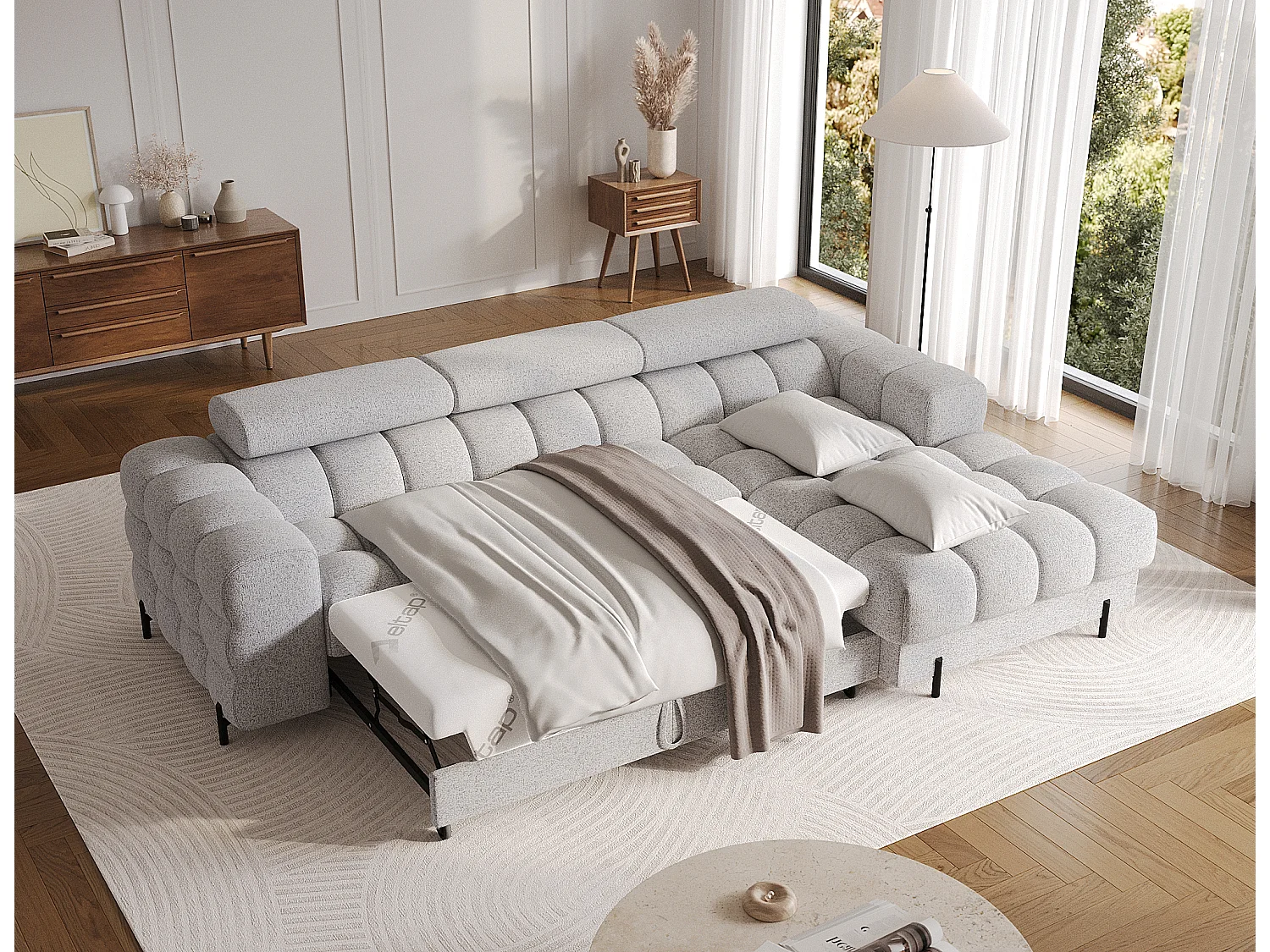 Moderne L-vormige Premium Slaapbank FELRO met Verstelbare Hoofdsteunen & Opbergruimte - Grijze Stof, Linker Chaise Longue