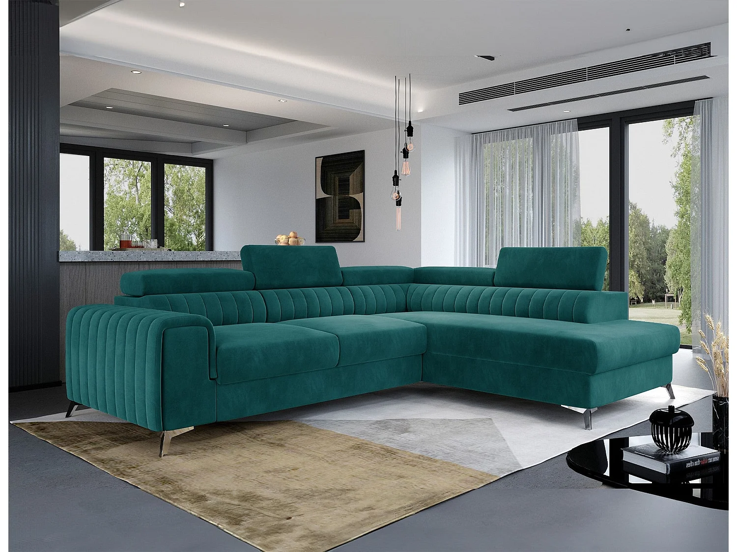 Divano Letto Moderno a L Verde Laurence con Poggiatesta Regolabili e Contenitore - 278 x 205 cm