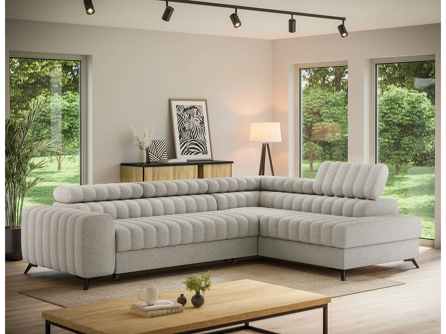 Kanedo Ecksofa mit Schlaffunktion und Bettkasten – Modernes Designsofa, verstellbare Kopfstützen, Metallfüße