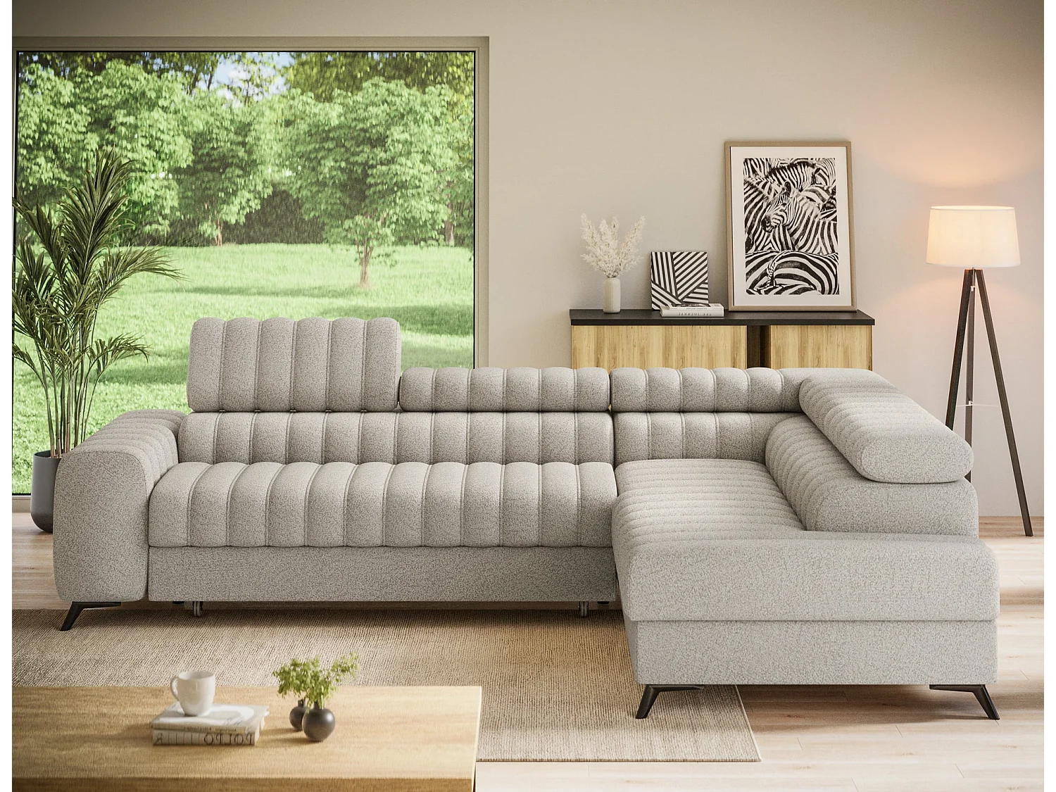 Kanedo Ecksofa mit Schlaffunktion und Bettkasten – Modernes Designsofa, verstellbare Kopfstützen, Metallfüße