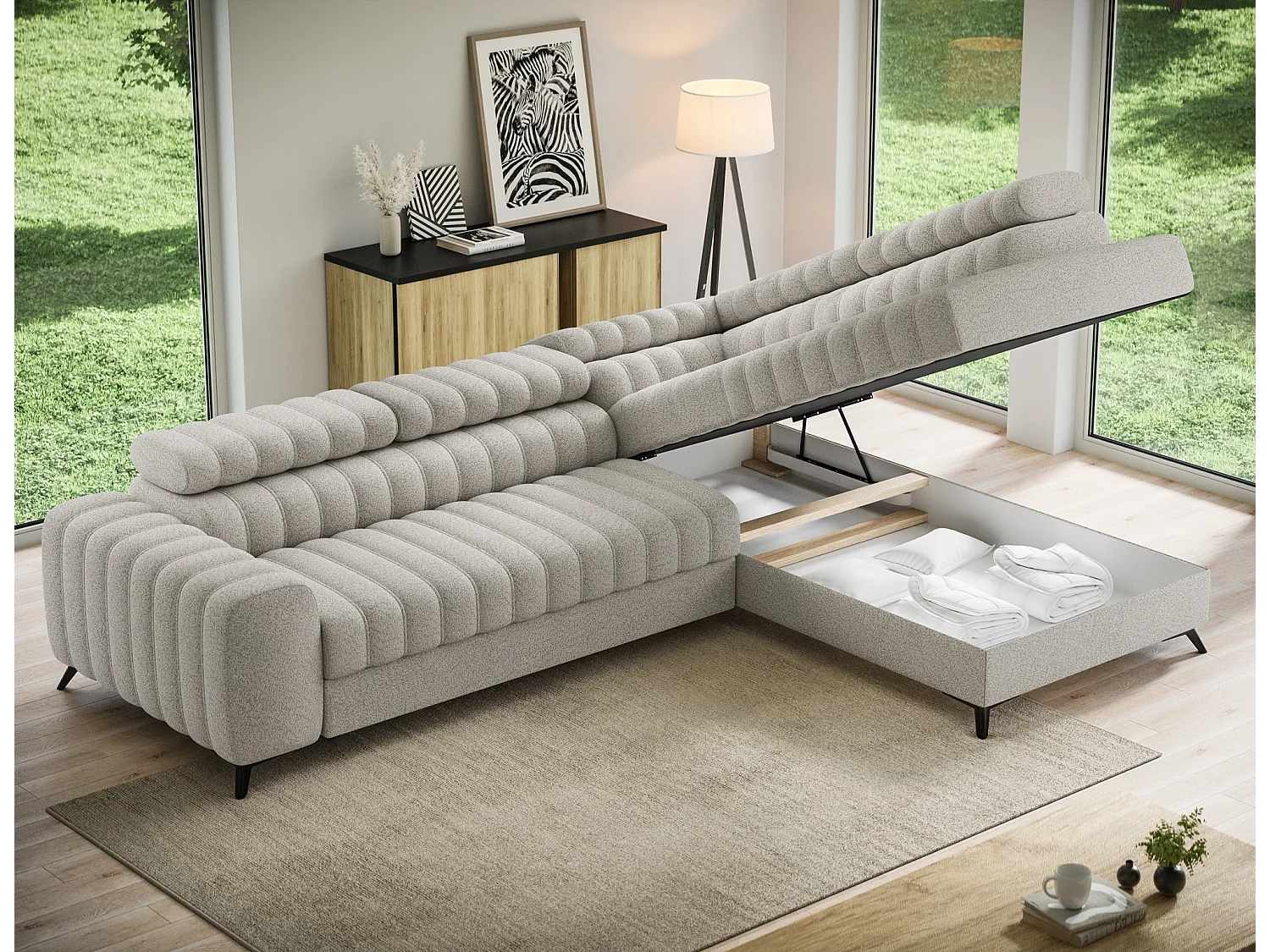 Kanedo Ecksofa mit Schlaffunktion und Bettkasten – Modernes Designsofa, verstellbare Kopfstützen, Metallfüße
