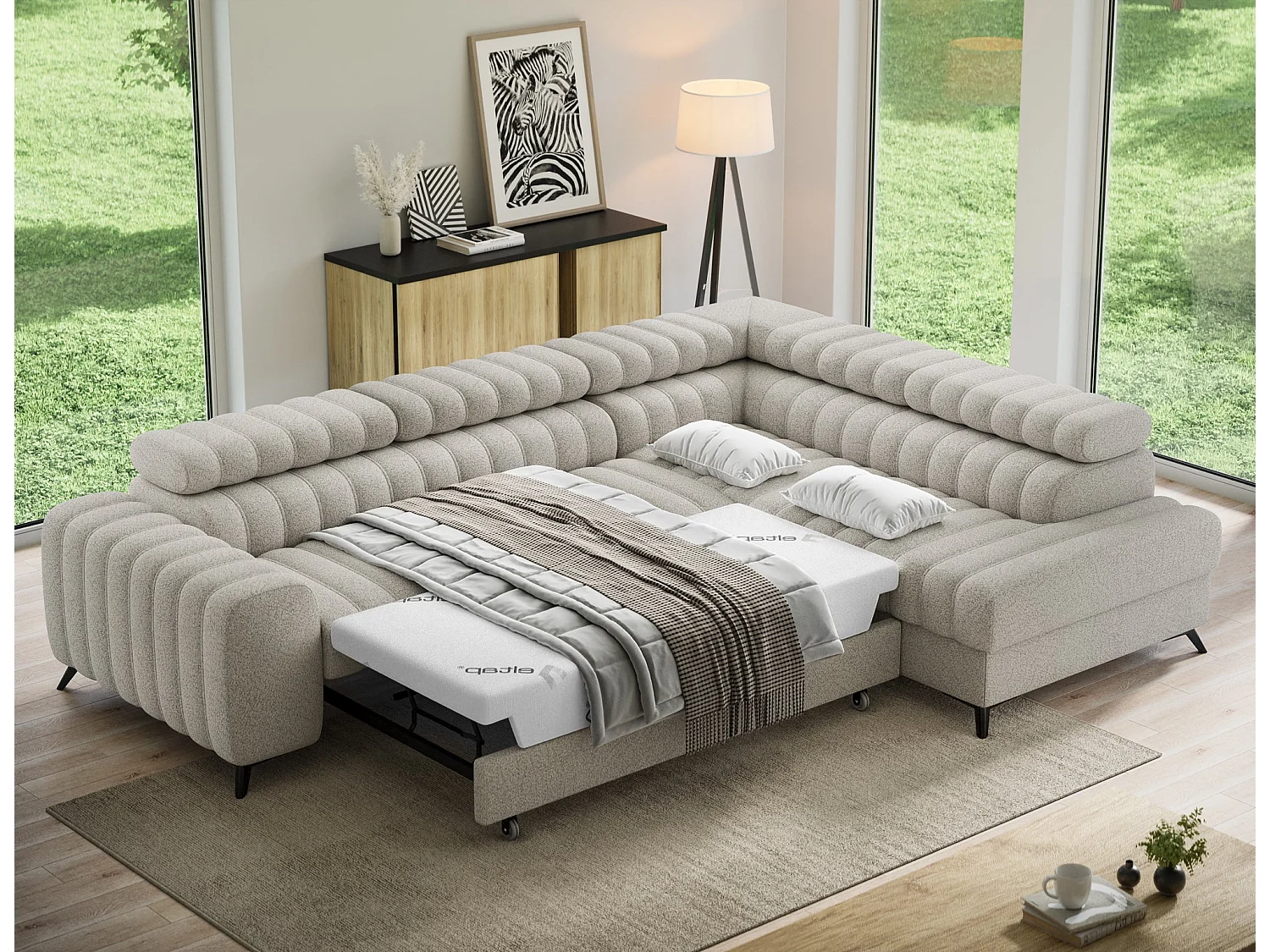 Kanedo Ecksofa mit Schlaffunktion und Bettkasten – Modernes Designsofa, verstellbare Kopfstützen, Metallfüße