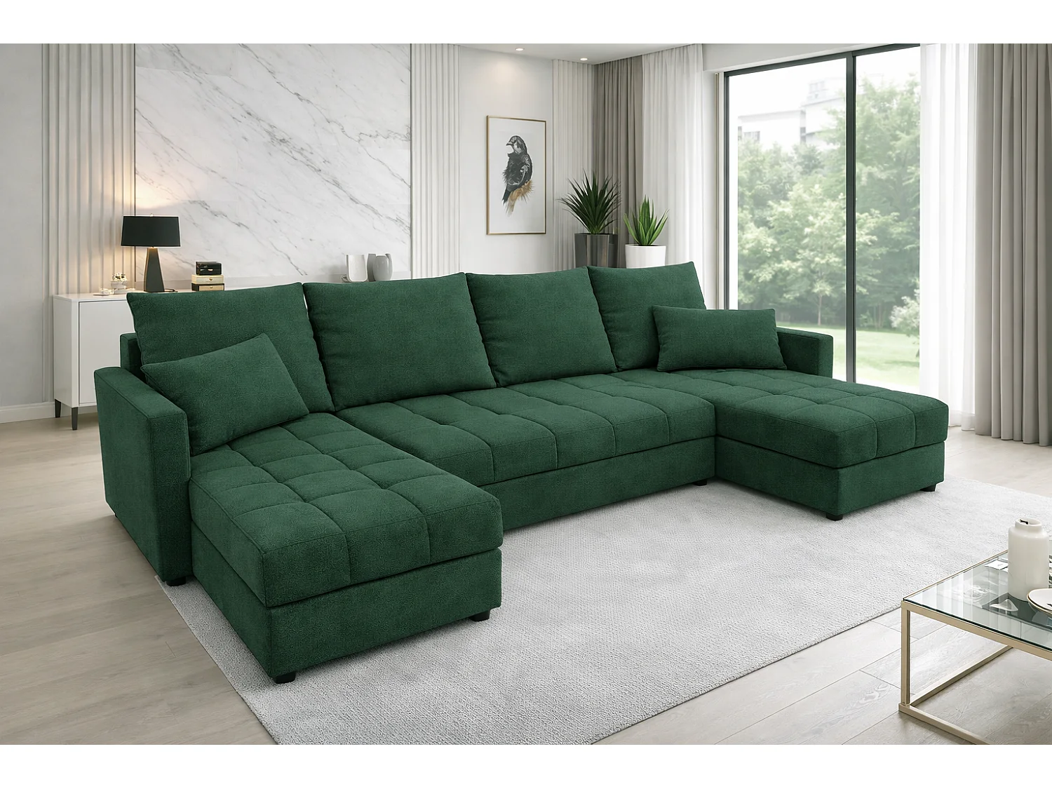 Canapé d'angle panoramique convertible 5 places avec rangement en tissu vert AURELIA
