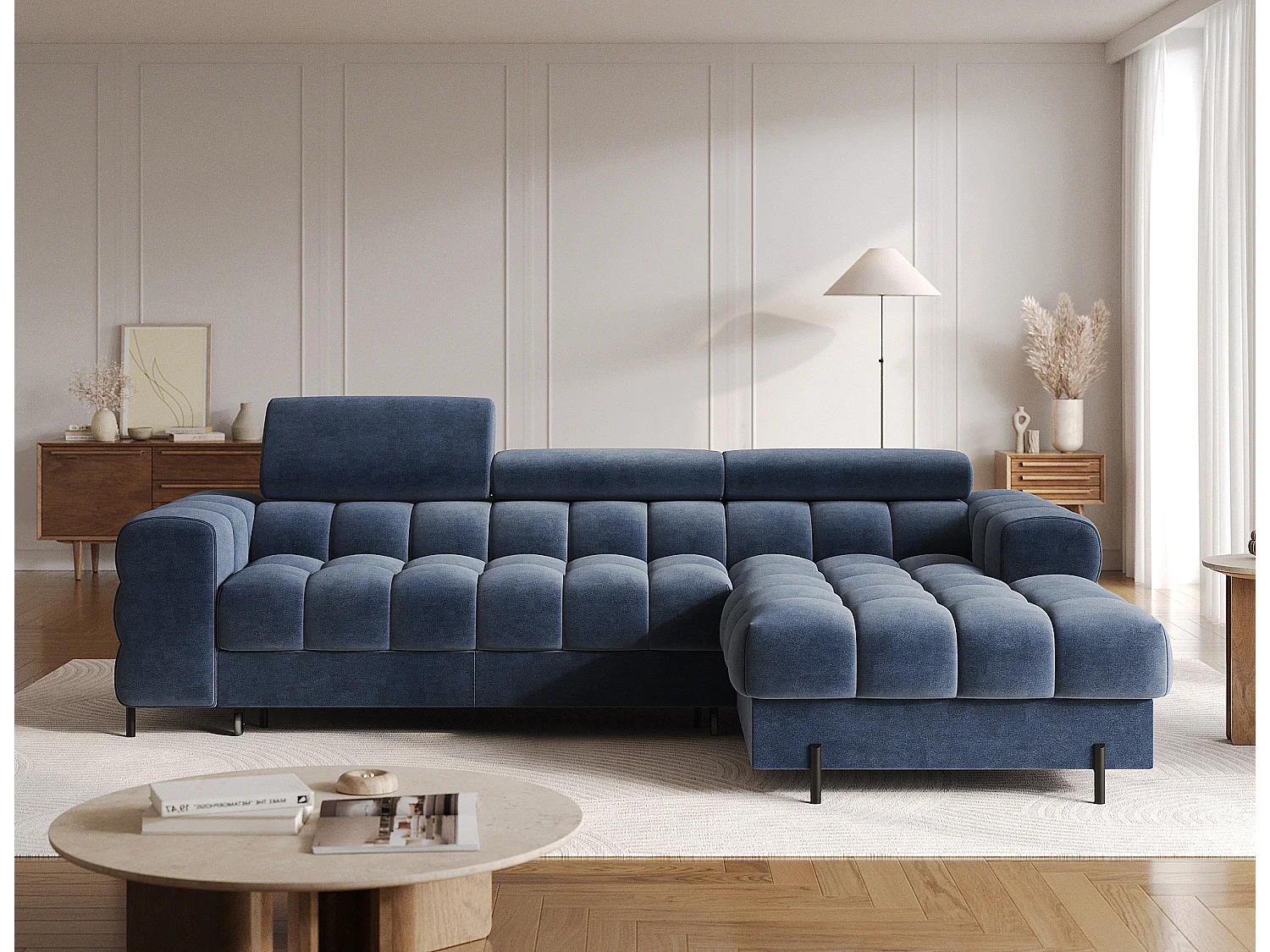 Moderne L-vormige Premium Slaapbank FELRO met Verstelbare Hoofdsteunen & Opbergruimte - Blauwe Stof, Linker Chaise