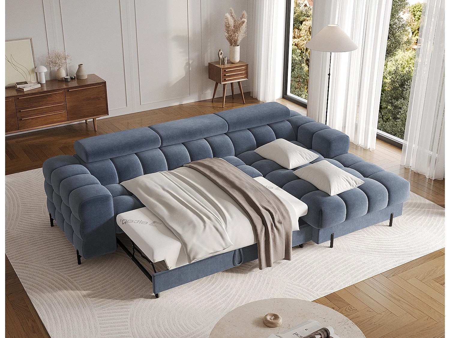 Moderne L-vormige Premium Slaapbank FELRO met Verstelbare Hoofdsteunen & Opbergruimte - Blauwe Stof, Linker Chaise