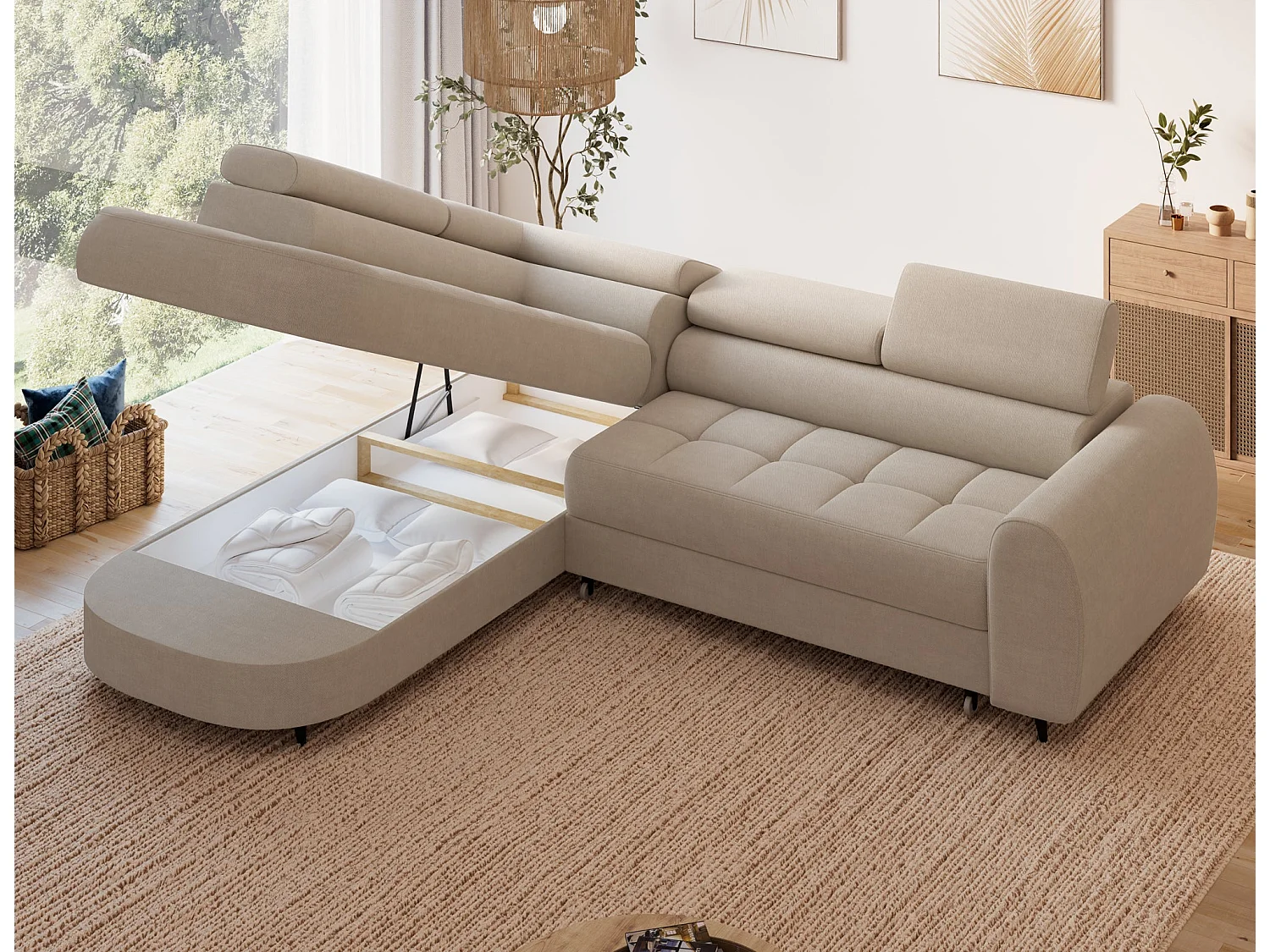 Moderne Beige Hoekbank Vesteria met Slaapfunctie, Opbergruimte en Verstelbare Hoofdsteunen