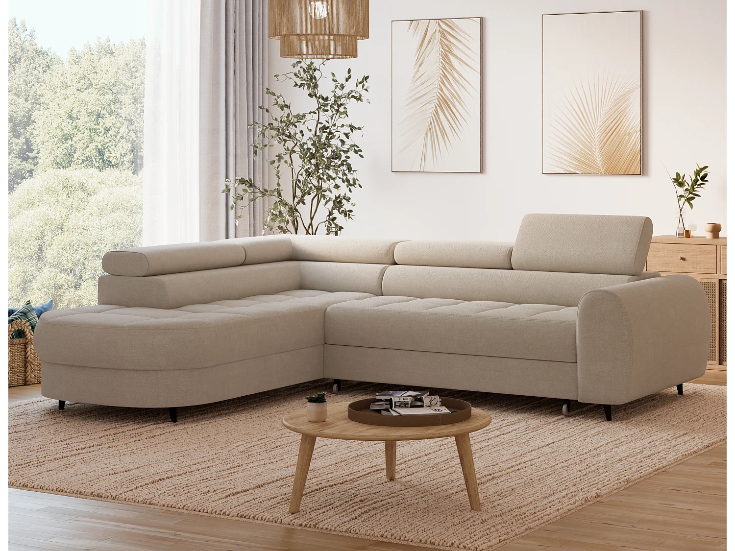 Moderne Beige Hoekbank Vesteria met Slaapfunctie, Opbergruimte en Verstelbare Hoofdsteunen