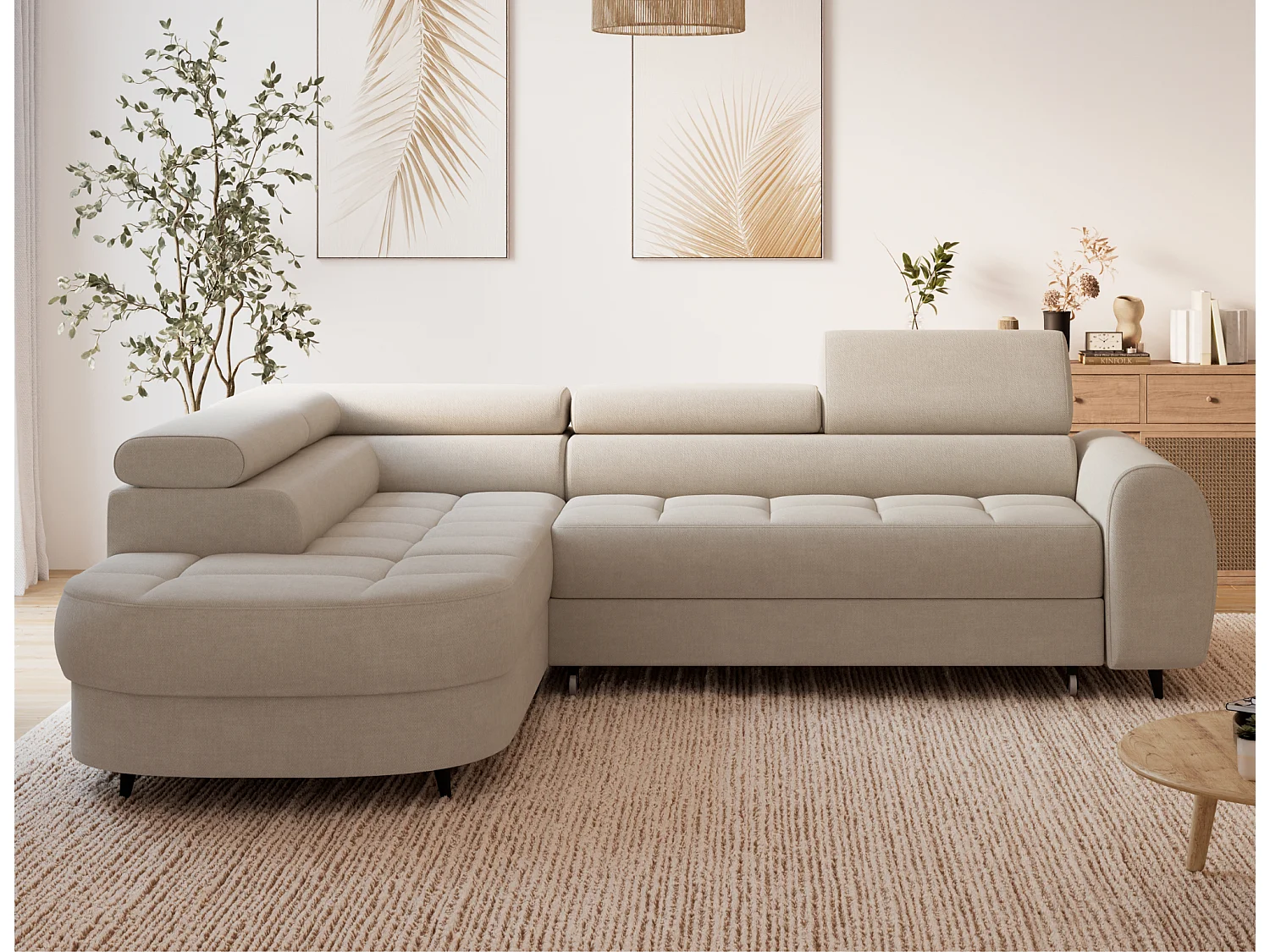 Moderne Beige Hoekbank Vesteria met Slaapfunctie, Opbergruimte en Verstelbare Hoofdsteunen