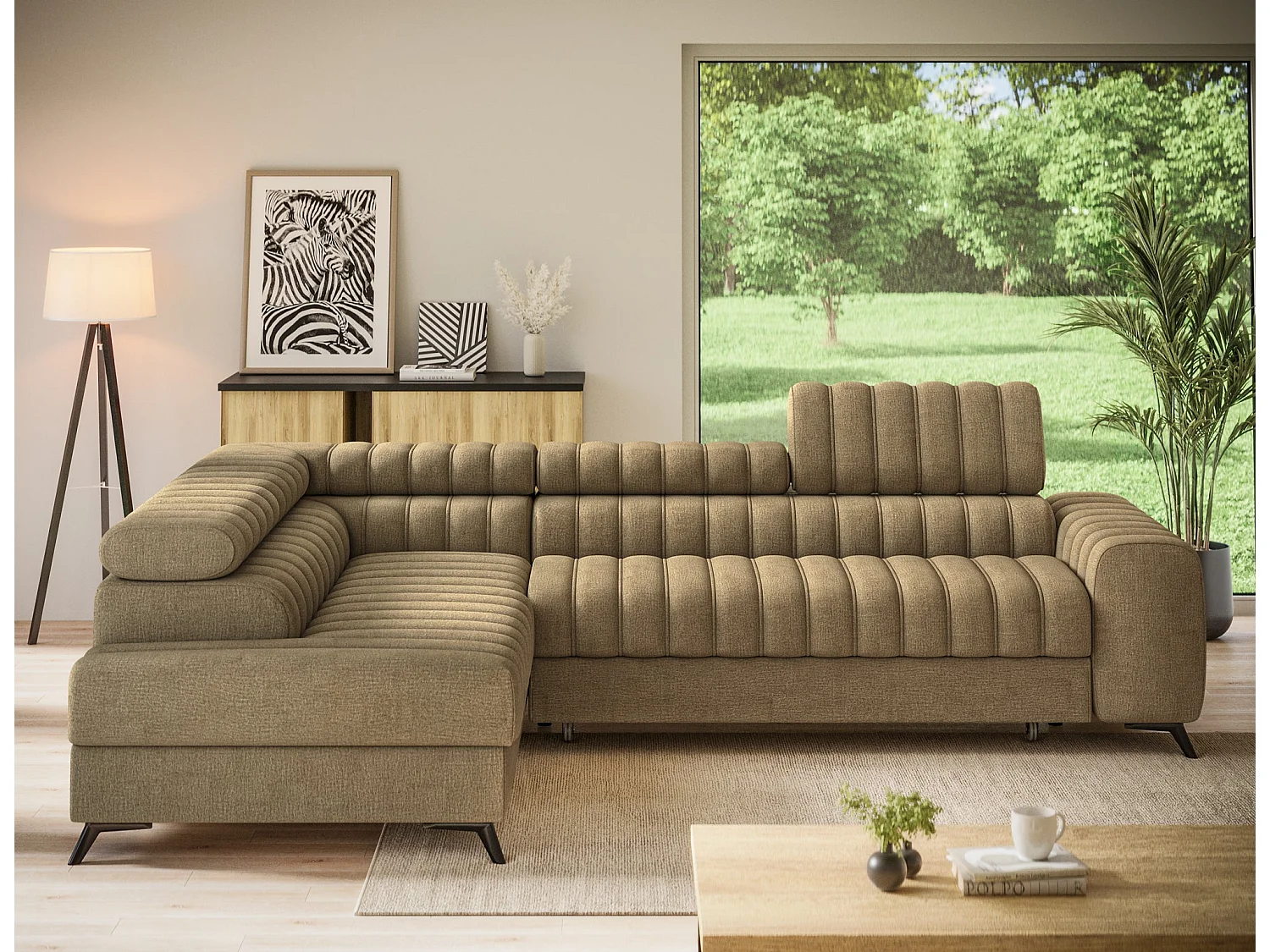 Kanedo Ecksofa mit Schlaffunktion und Bettkasten – Modernes Designsofa, verstellbare Kopfstützen, Metallfüße