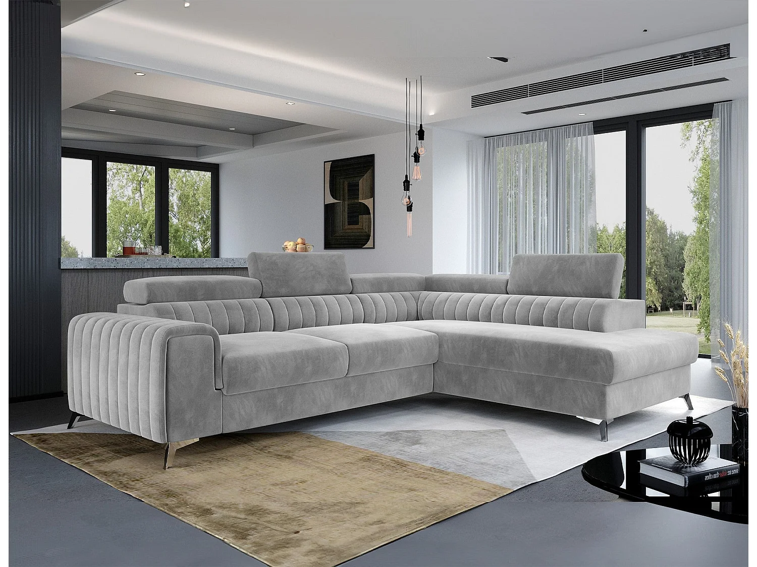 Moderno Divano Angolare Letto in Tessuto Grigio con Poggiatesta Regolabili e Contenitore - 278 x 205 cm