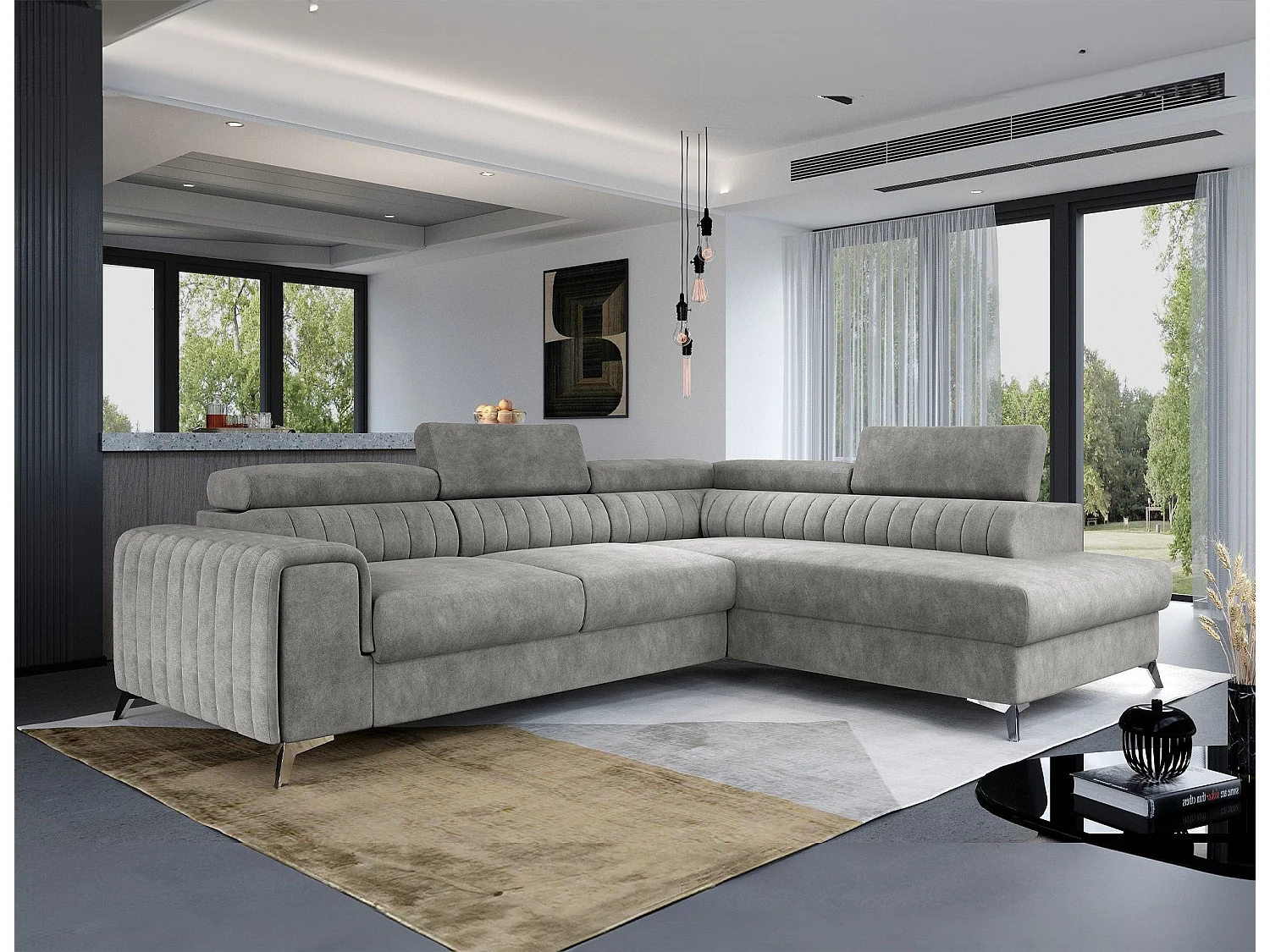 Moderno divano angolare in tessuto grigio con poggiatesta regolabili e vano portaoggetti - 278 x 205 cm