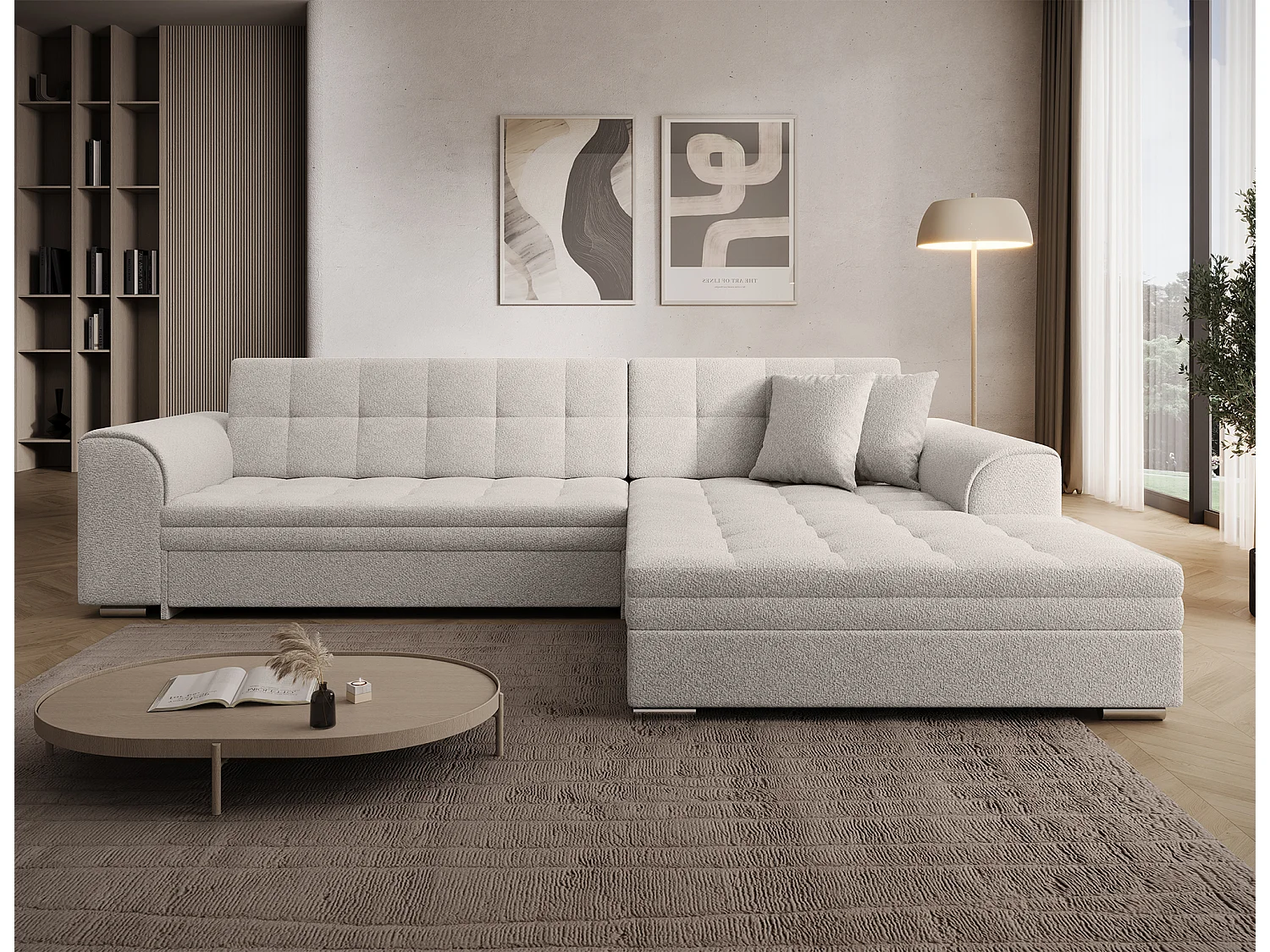 Canapé-Lit Moderne en Forme de L Sorento avec Mécanisme Dauphin, Tissu Beige, 296x194 cm